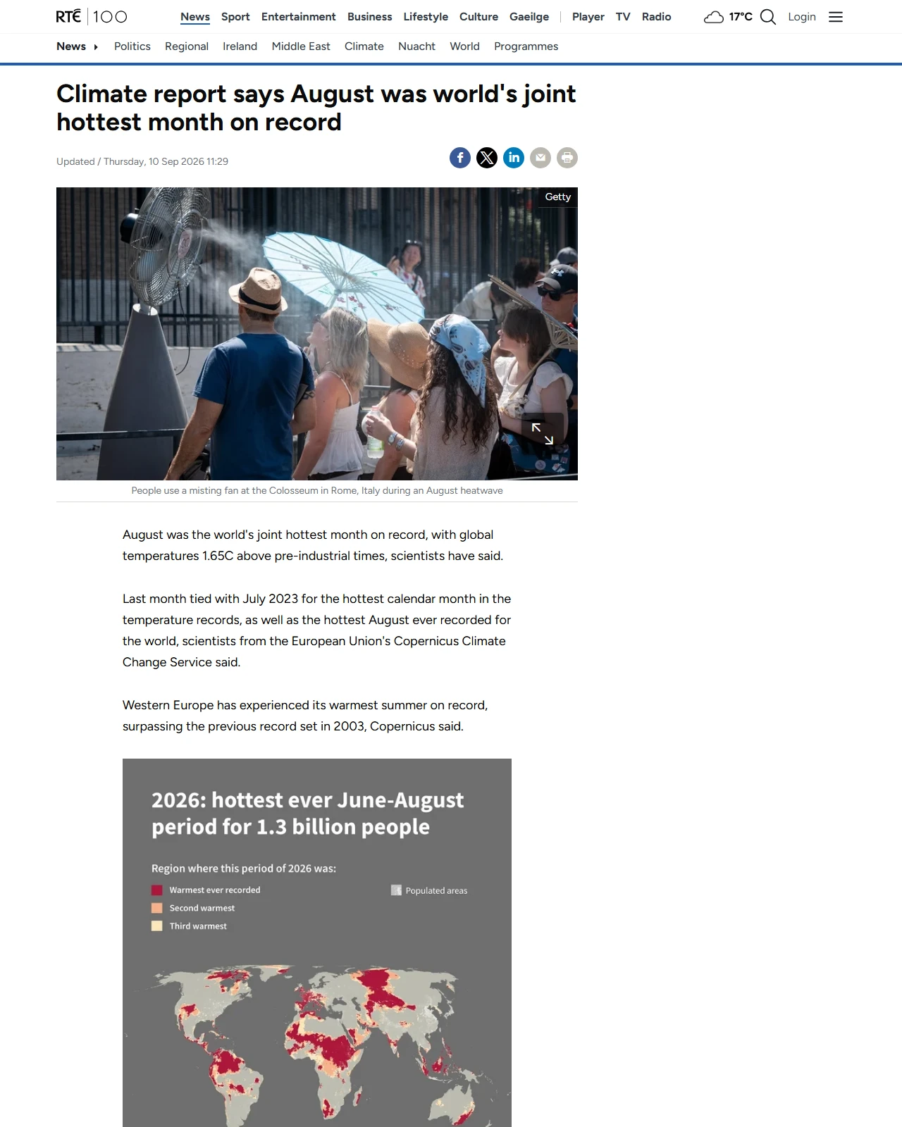 rte.ie as published: August world's joint hottest month on record