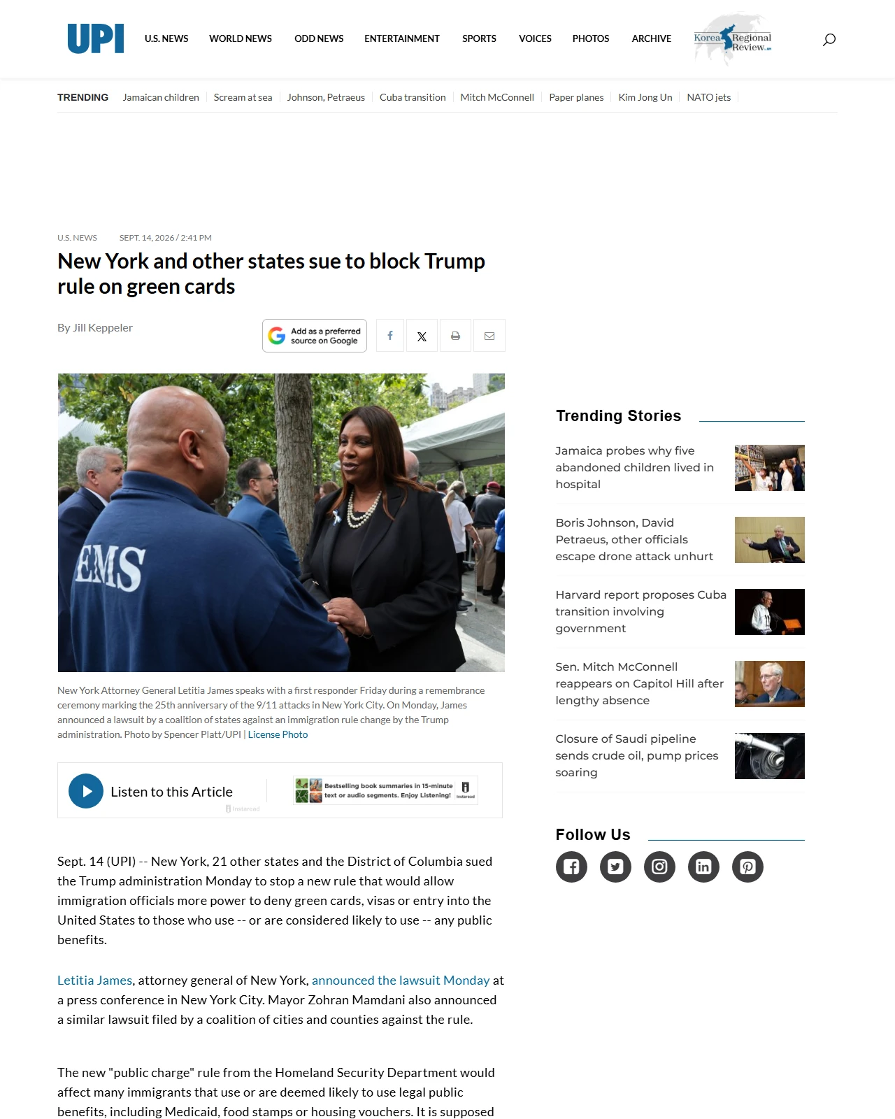 upi.com as published: New York and other states, cities sue to block Trump rule on green cards