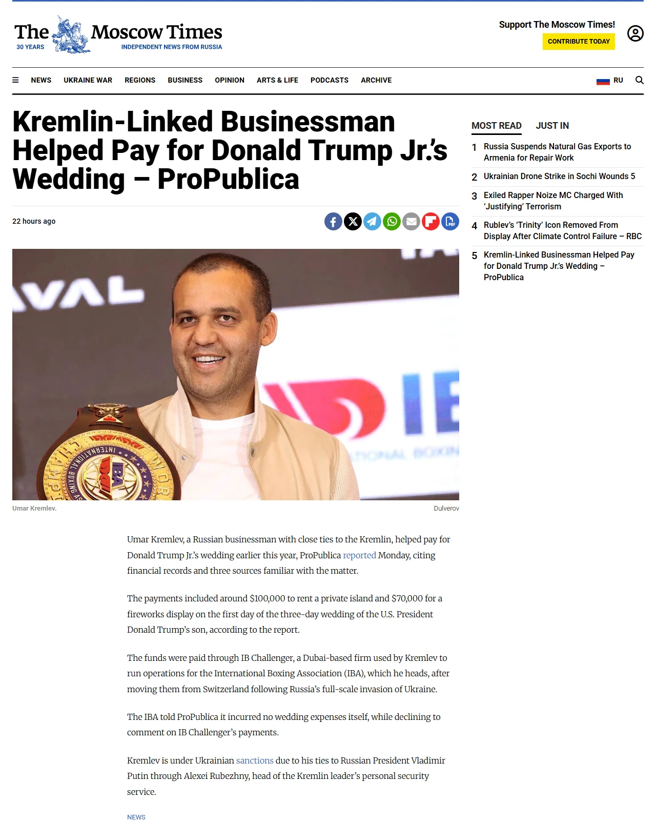 themoscowtimes.com as published: Kremlin-Linked Businessman Helped Pay for Donald Trump Jr.’s Wedding – ProPublica