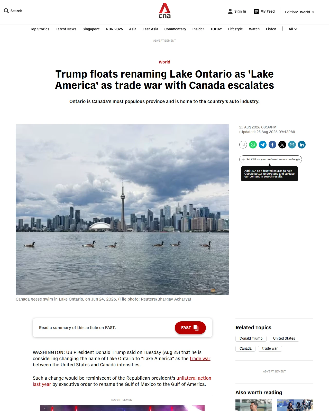 channelnewsasia.com as published: Trump floats renaming Lake Ontario as 'Lake America' as trade war with Canada escalates