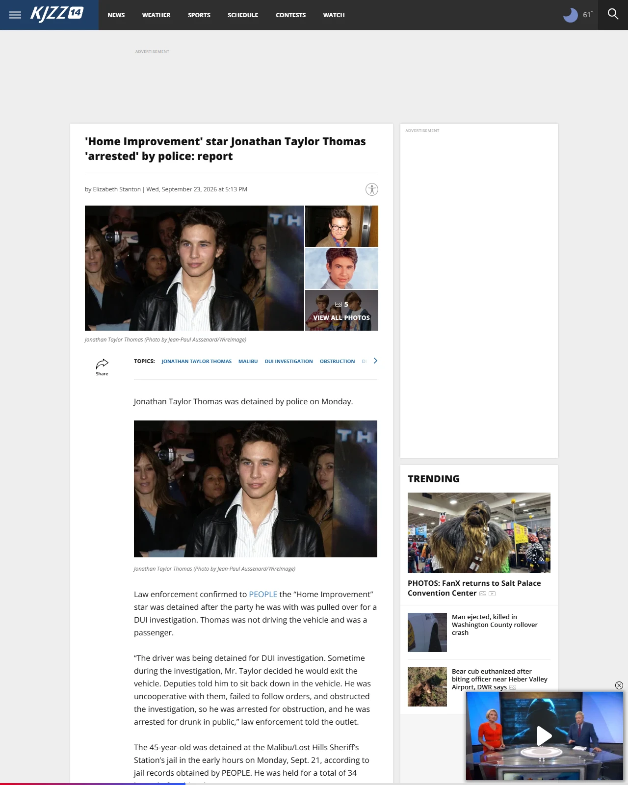 kjzz.com as published: 'Home Improvement' star Jonathan Taylor Thomas 'arrested' by police: report