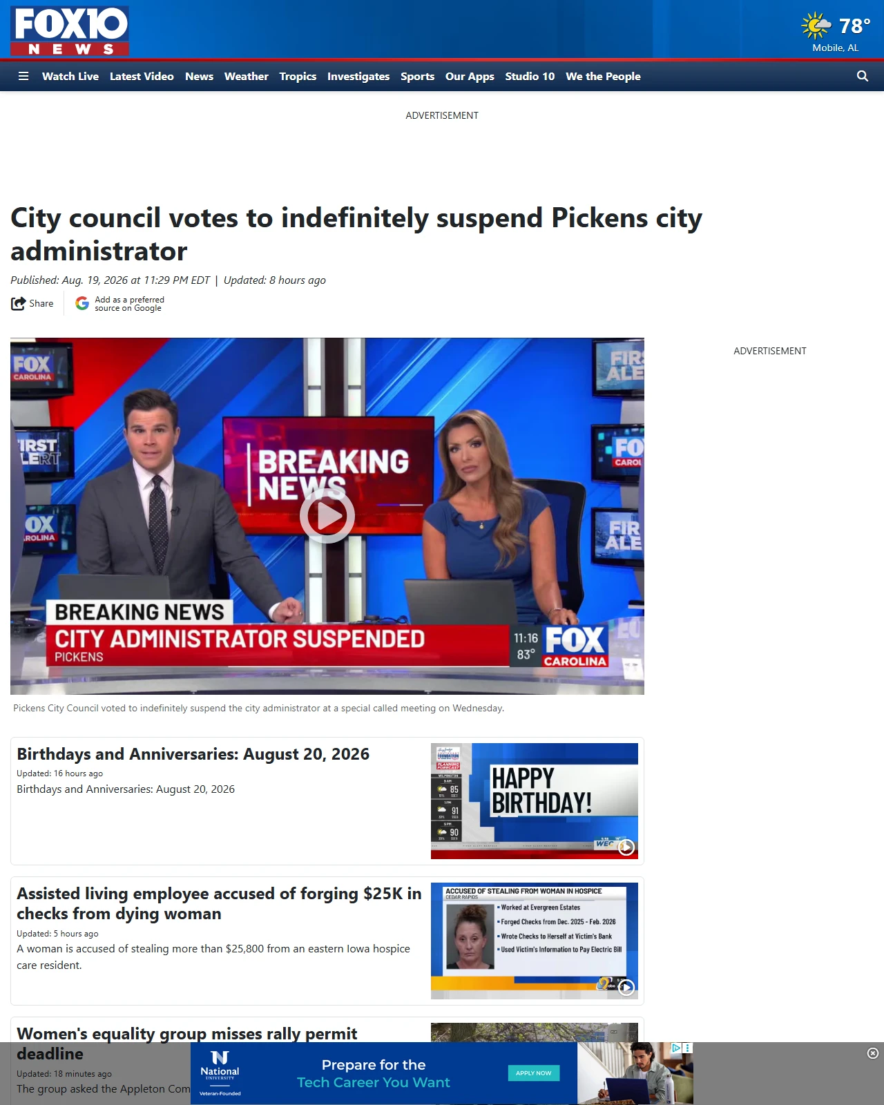 fox10tv.com as published: City council votes to indefinitely suspend Pickens city administrator