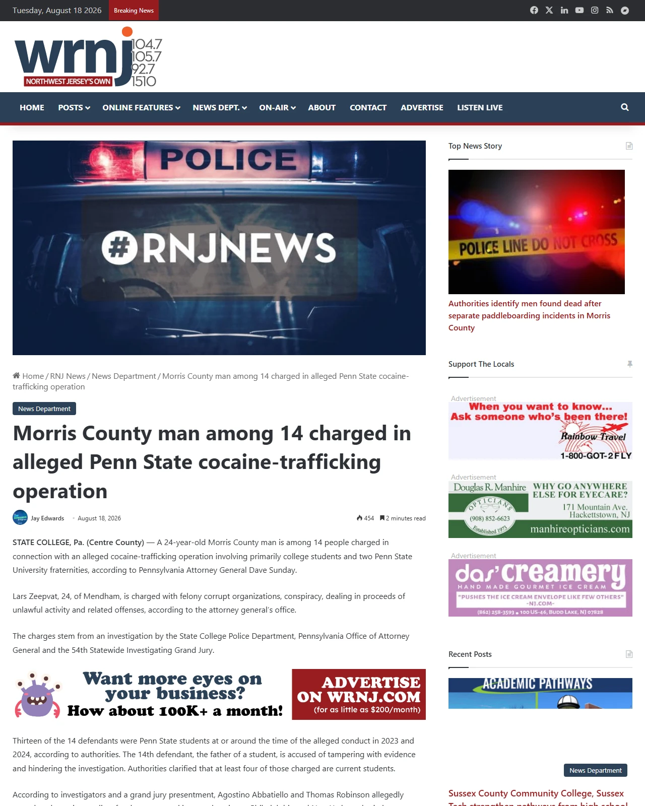 wrnjradio.com as published: Morris County man among 14 charged in alleged Penn State cocaine-trafficking operation