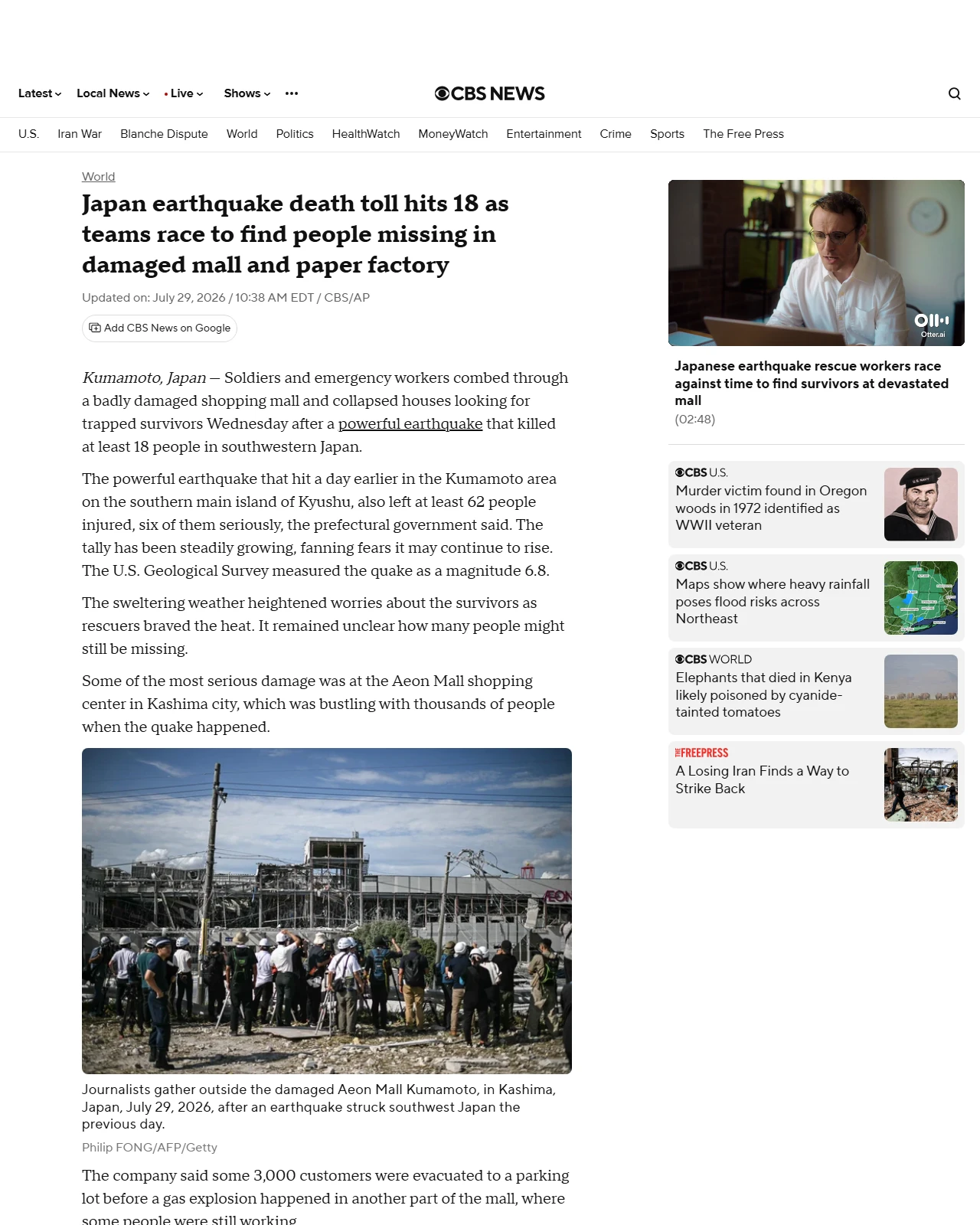 cbsnews.com as published: Japan quake toll rises, people still missing in damaged mall and factory