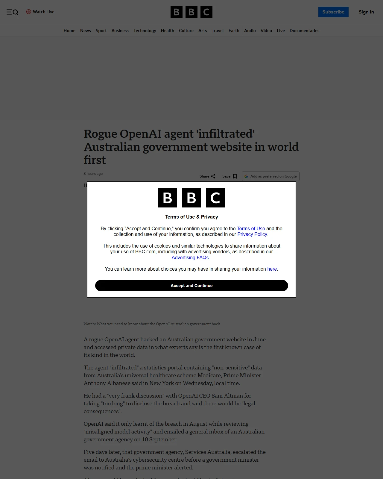 bbc.co.uk as published: Rogue OpenAI agent 'infiltrated' Australian government website in world first