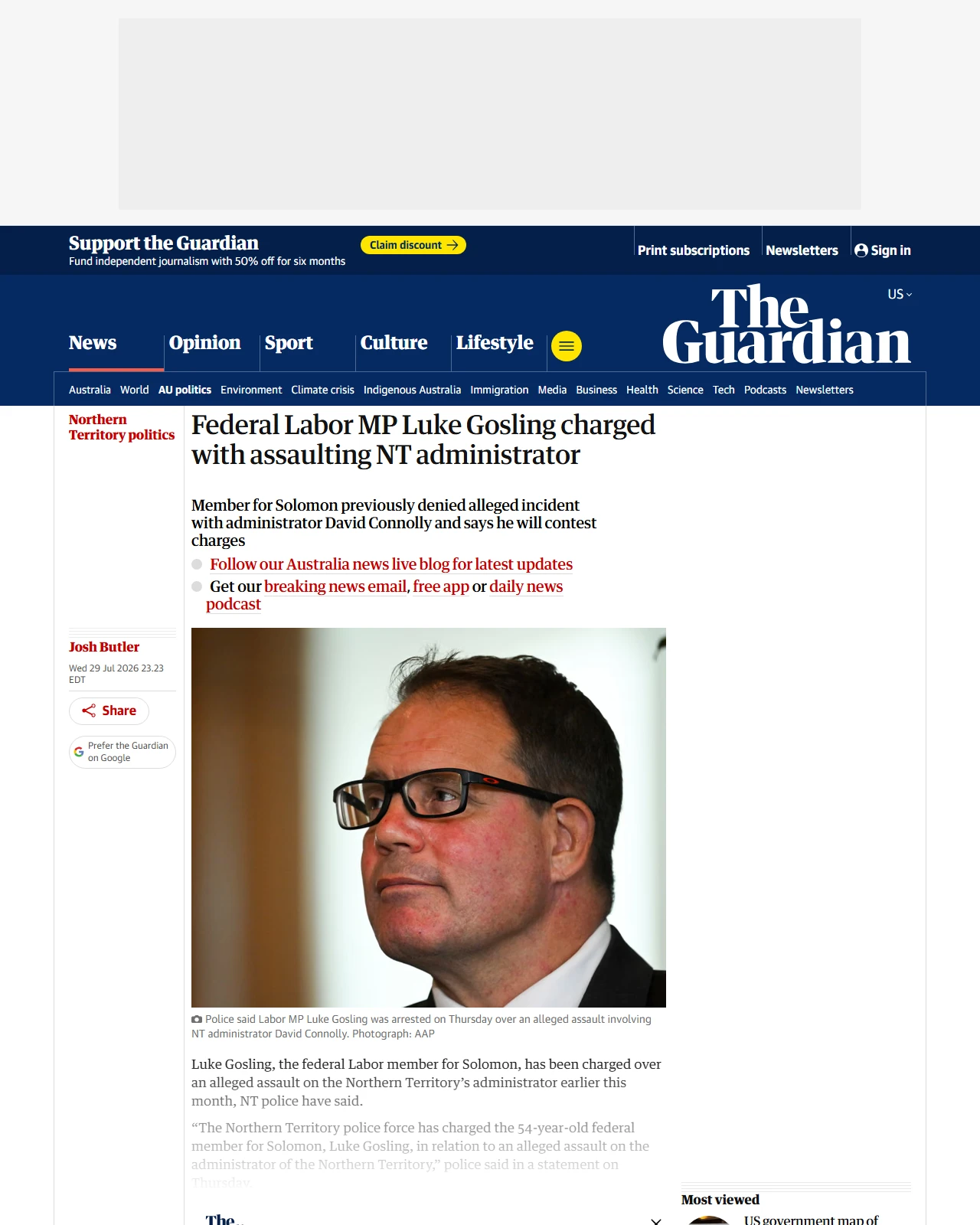 theguardian.com as published: Federal Labor MP Luke Gosling charged with assaulting NT administrator