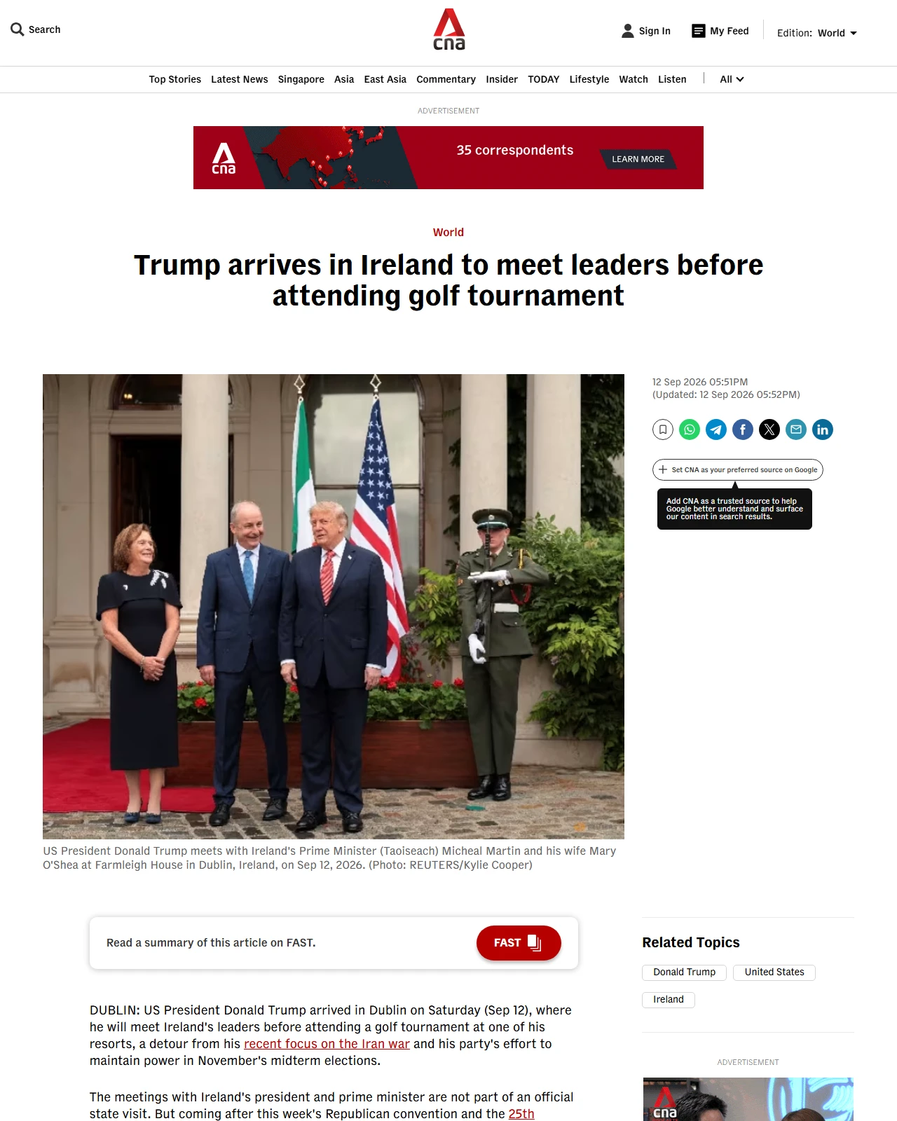 channelnewsasia.com as published: Trump arrives in Ireland to meet leaders before attending golf tournament