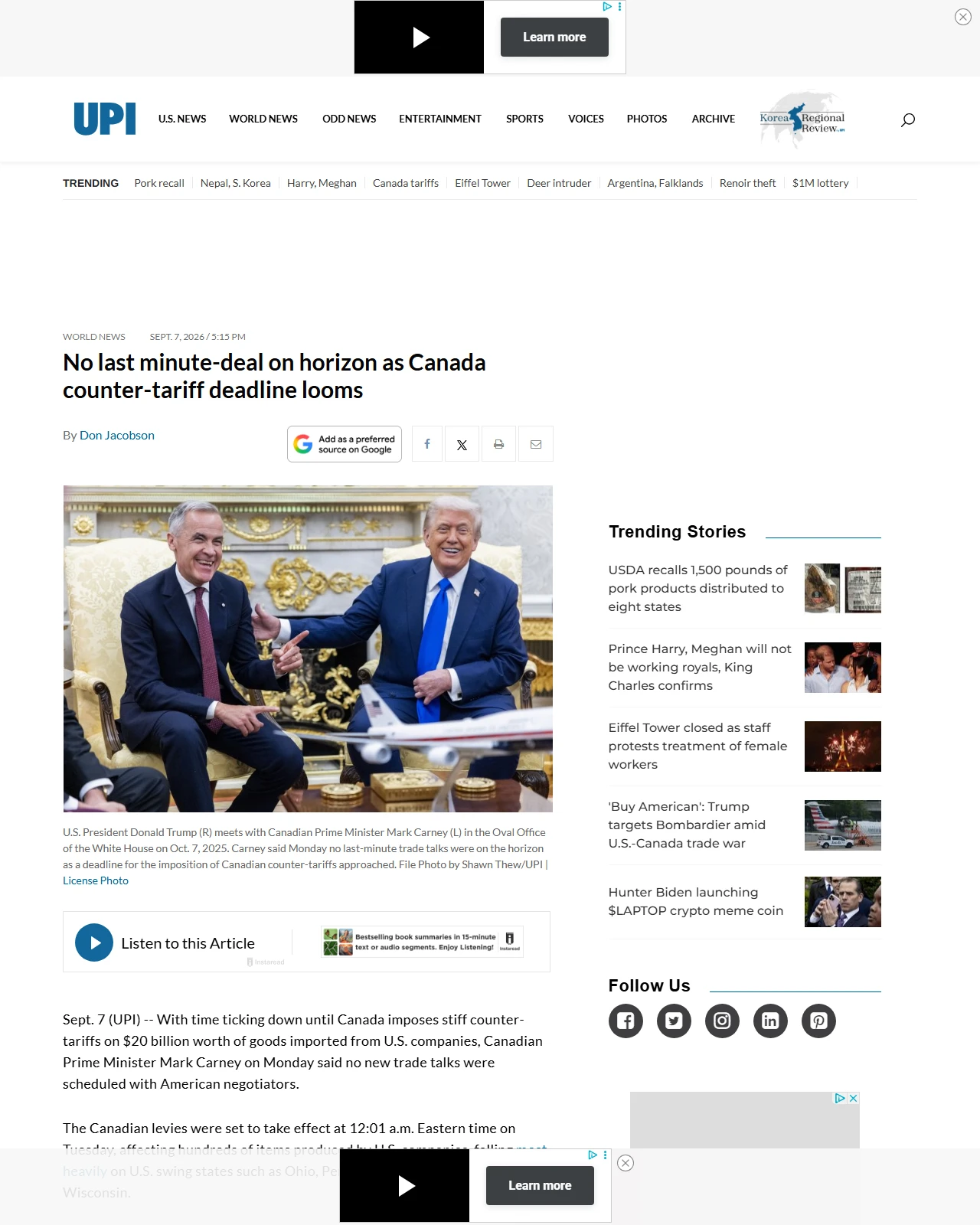 upi.com as published: No last minute-deal on horizon as Canada counter-tariff deadline looms