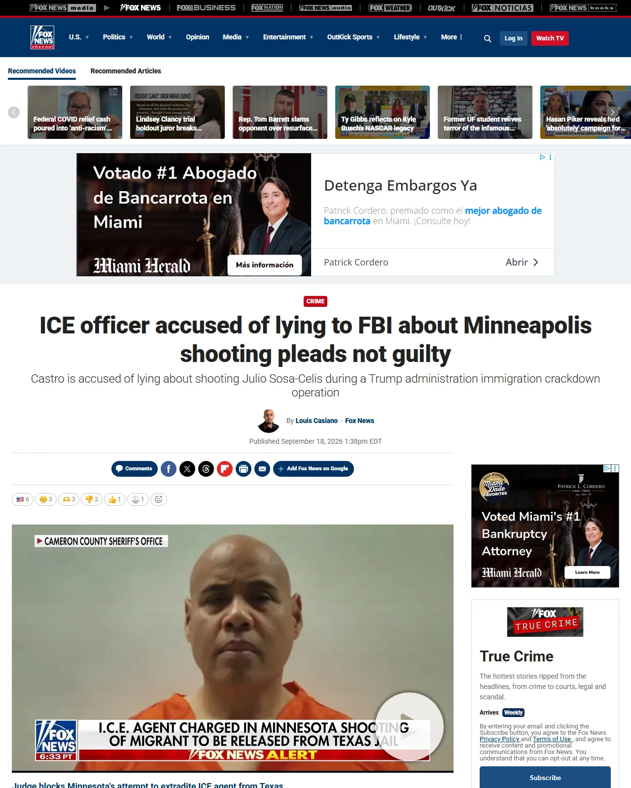 foxnews.com as published: ICE officer accused of lying to FBI about Minneapolis shooting pleads not guilty