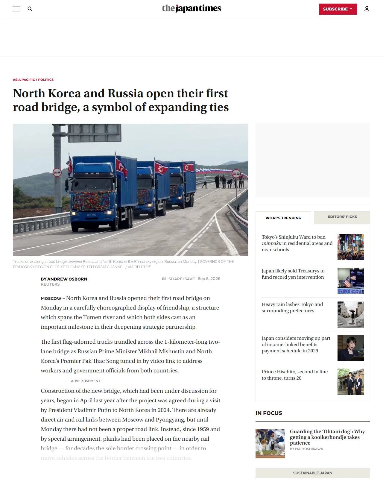 japantimes.co.jp as published: North Korea and Russia open their first road bridge, a symbol of expanding ties
