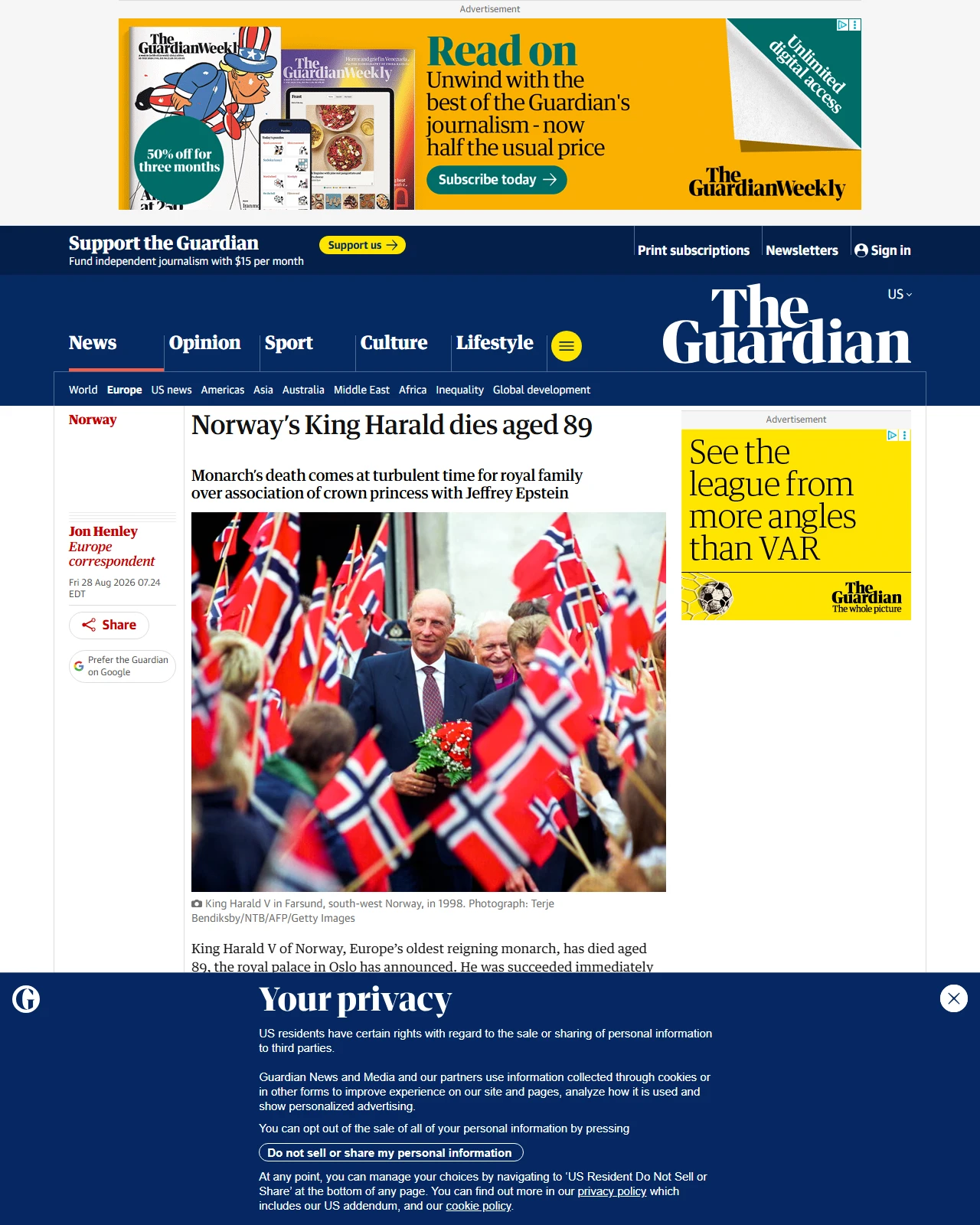 theguardian.com as published: Norway’s King Harald dies aged 89