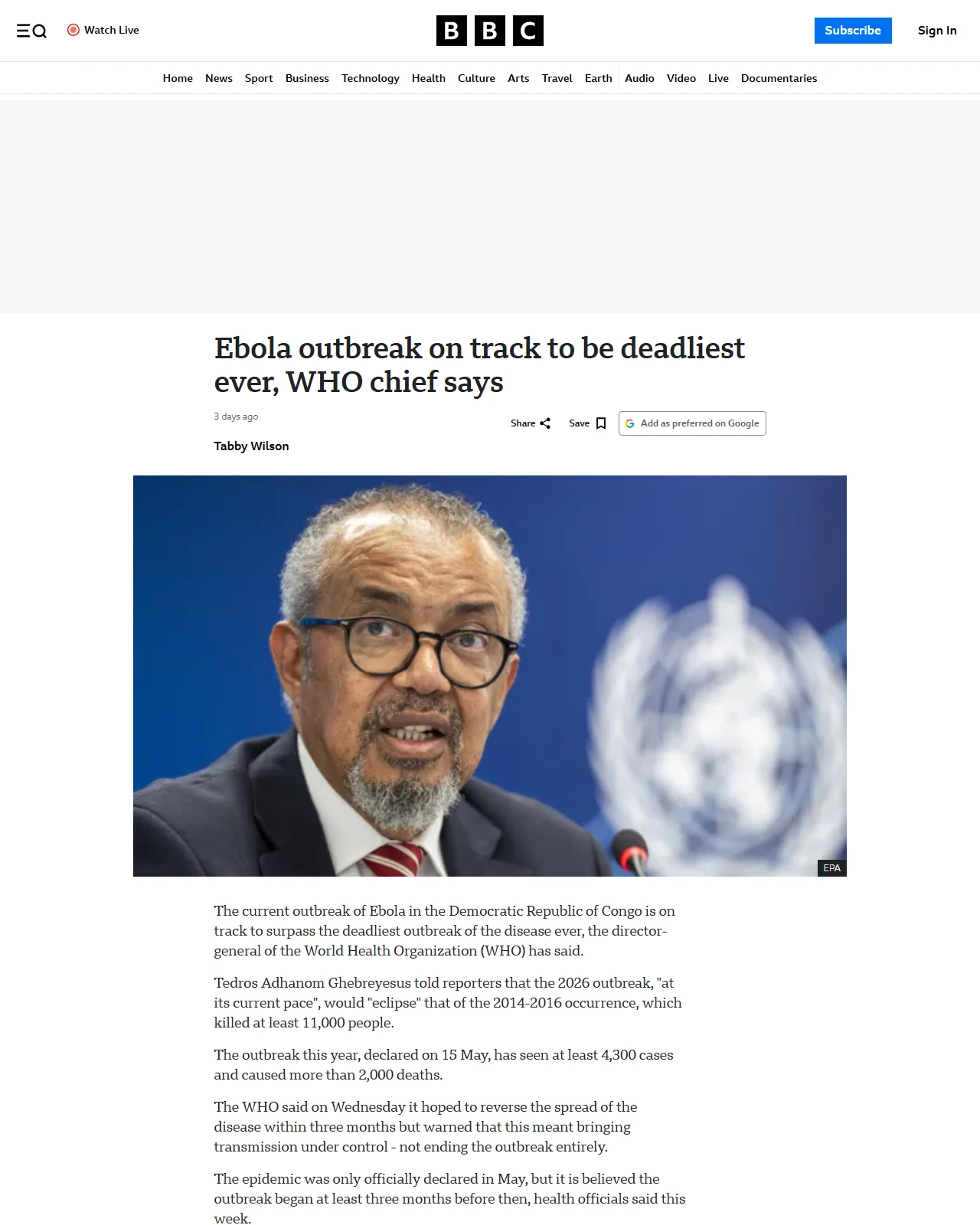 bbc.co.uk as published: Ebola outbreak on track to be deadliest ever, WHO chief says