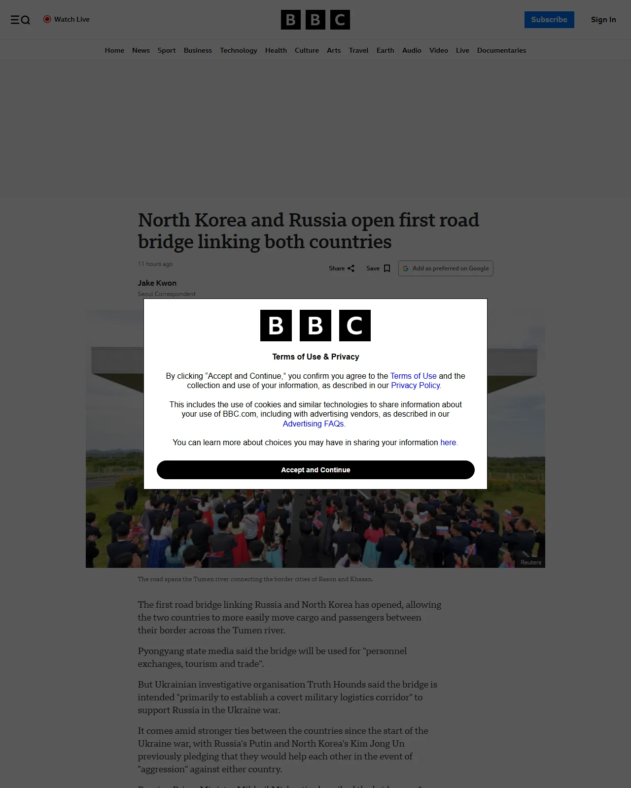 bbc.com as published: North Korea and Russia open first road bridge linking the two countries