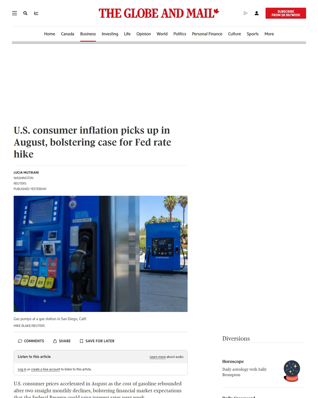 theglobeandmail.com as published: U.S. consumer inflation picks up in August, bolstering case for Fed rate hike