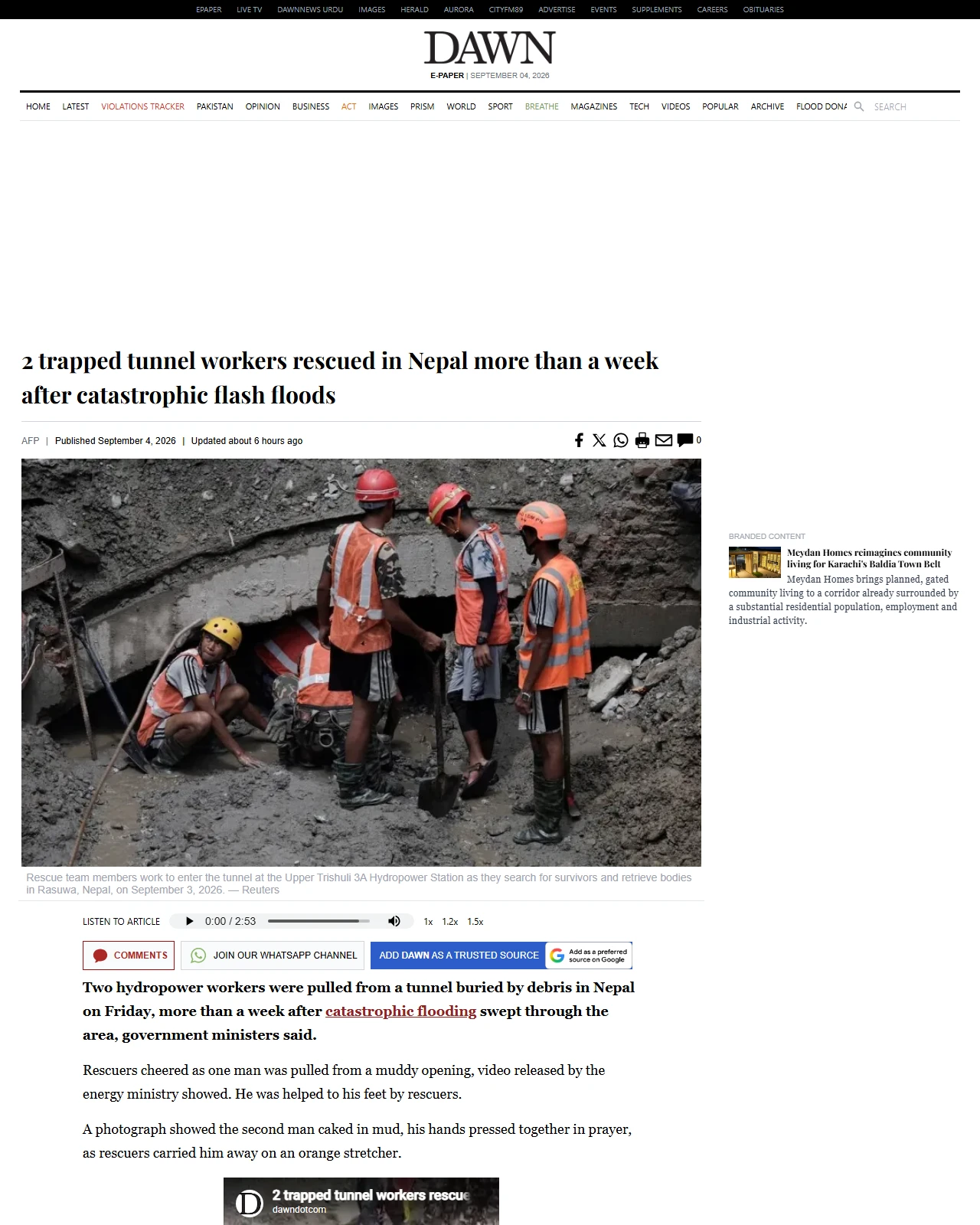 dawn.com as published: 2 trapped tunnel workers rescued in Nepal more than a week after catastrophic flash floods