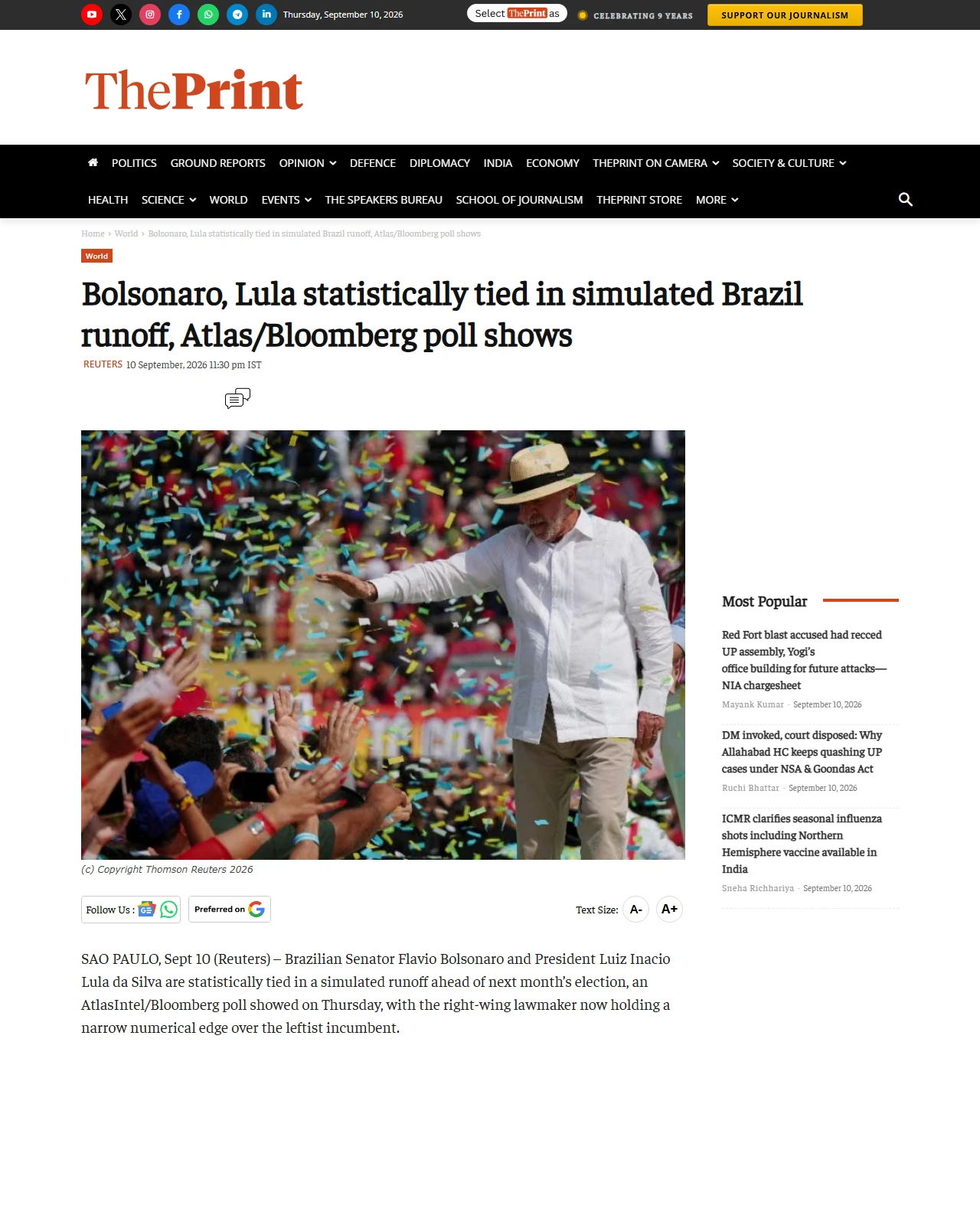 theprint.in as published: Bolsonaro, Lula statistically tied in simulated Brazil runoff, Atlas/Bloomberg poll shows