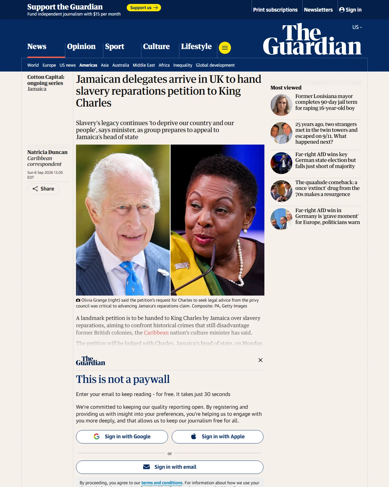 theguardian.com as published: Jamaican delegates arrive in UK to hand slavery reparations petition to King Charles