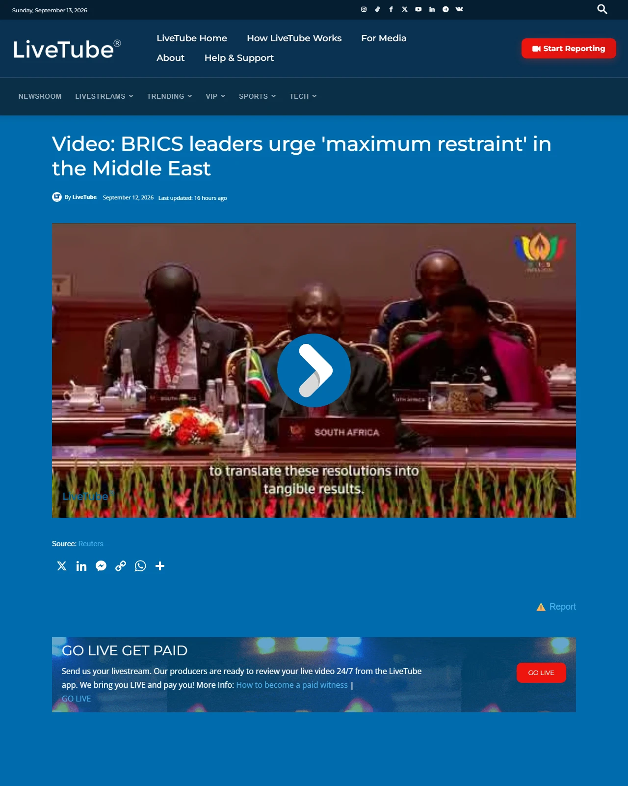 livetube.tv as published: Video: BRICS leaders urge 'maximum restraint' in the Middle East