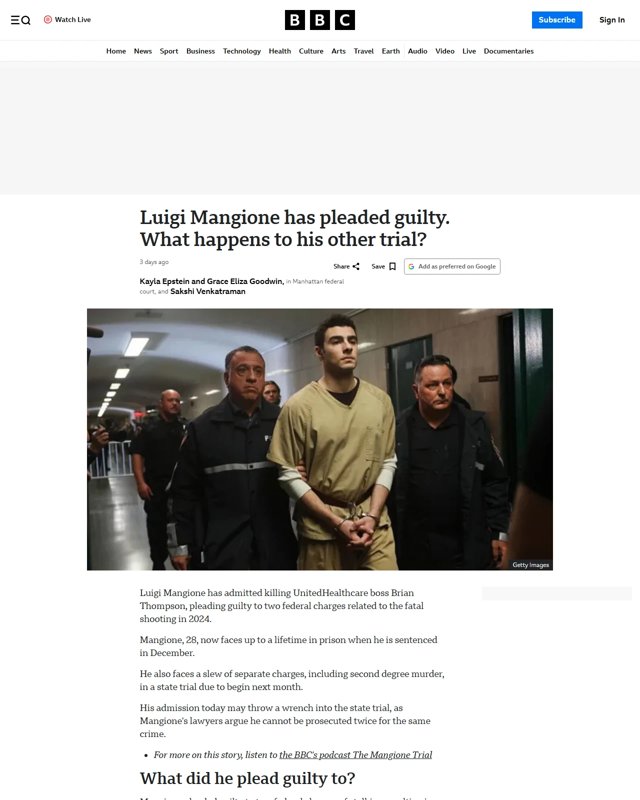 bbc.co.uk as published: Luigi Mangione has pleaded guilty. What happens to his other trial?