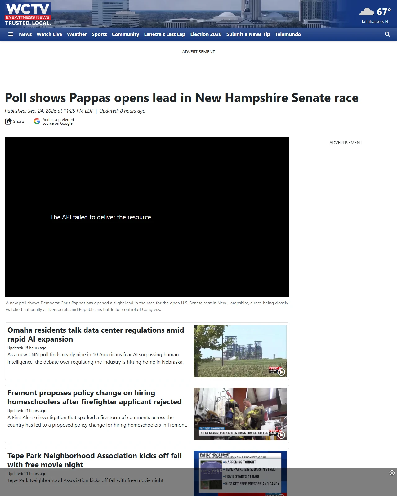 wctv.tv as published: Poll shows Pappas opens lead in New Hampshire Senate race