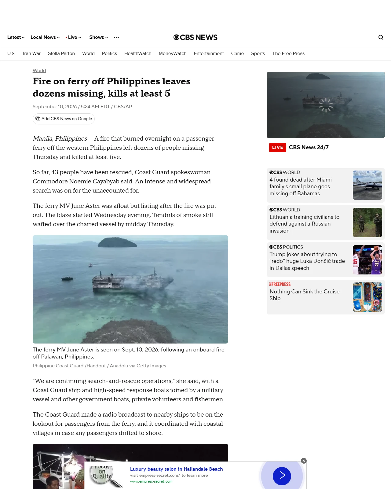 cbsnews.com as published: Fire on ferry off Philippines leaves dozens missing, kills several