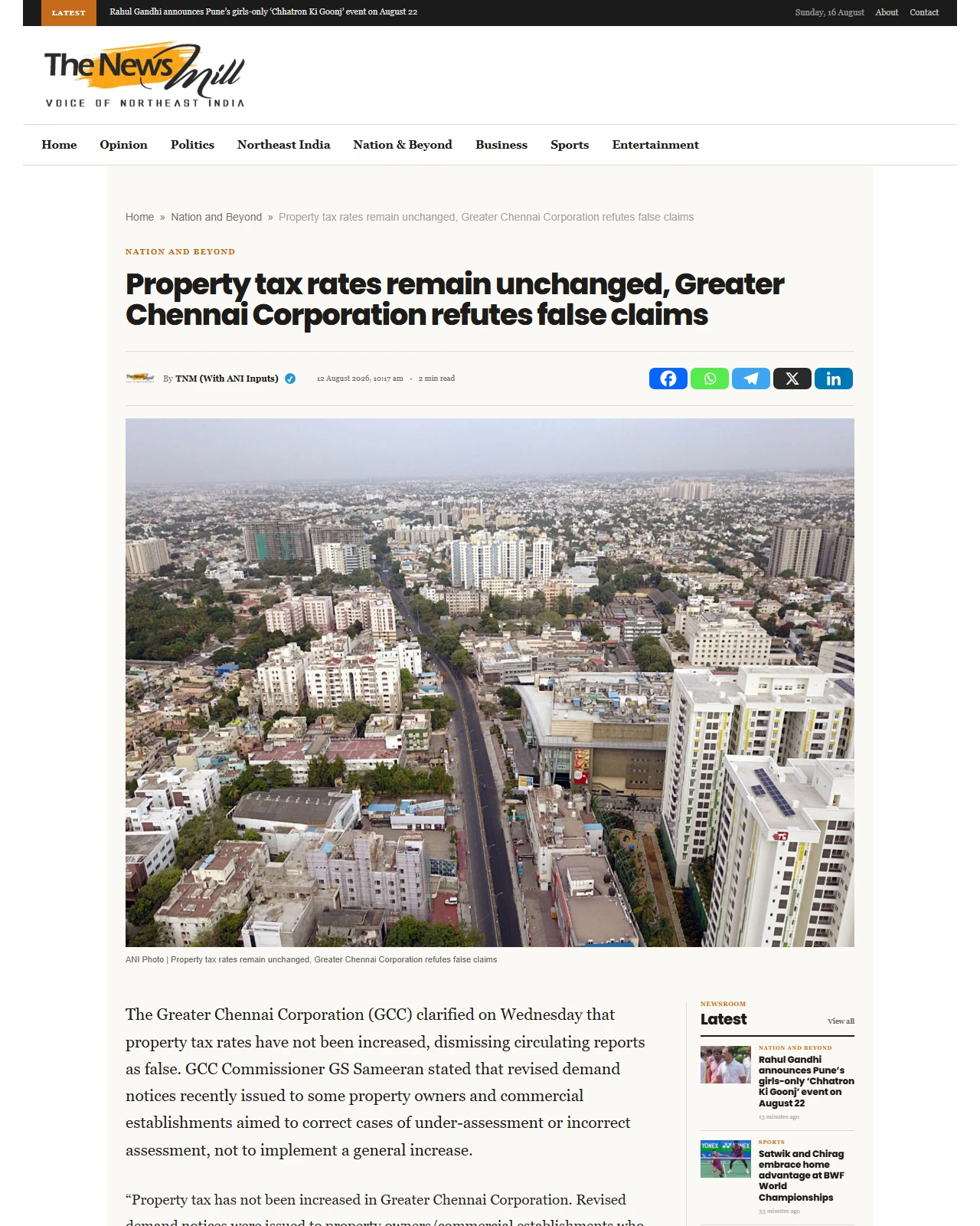 thenewsmill.com as published: Greater Chennai Corporation denies property tax rate increase