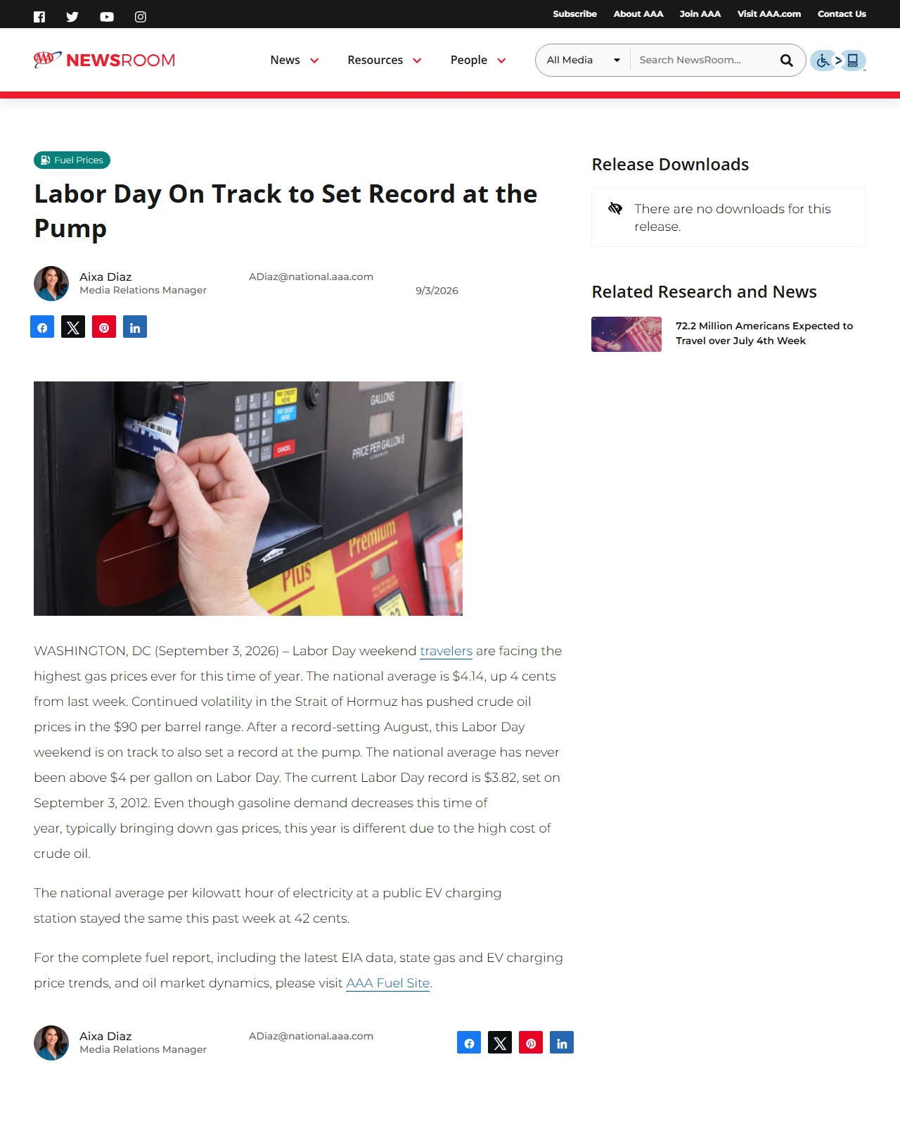 newsroom.aaa.com as published: Labor Day On Track to Set Record at the Pump