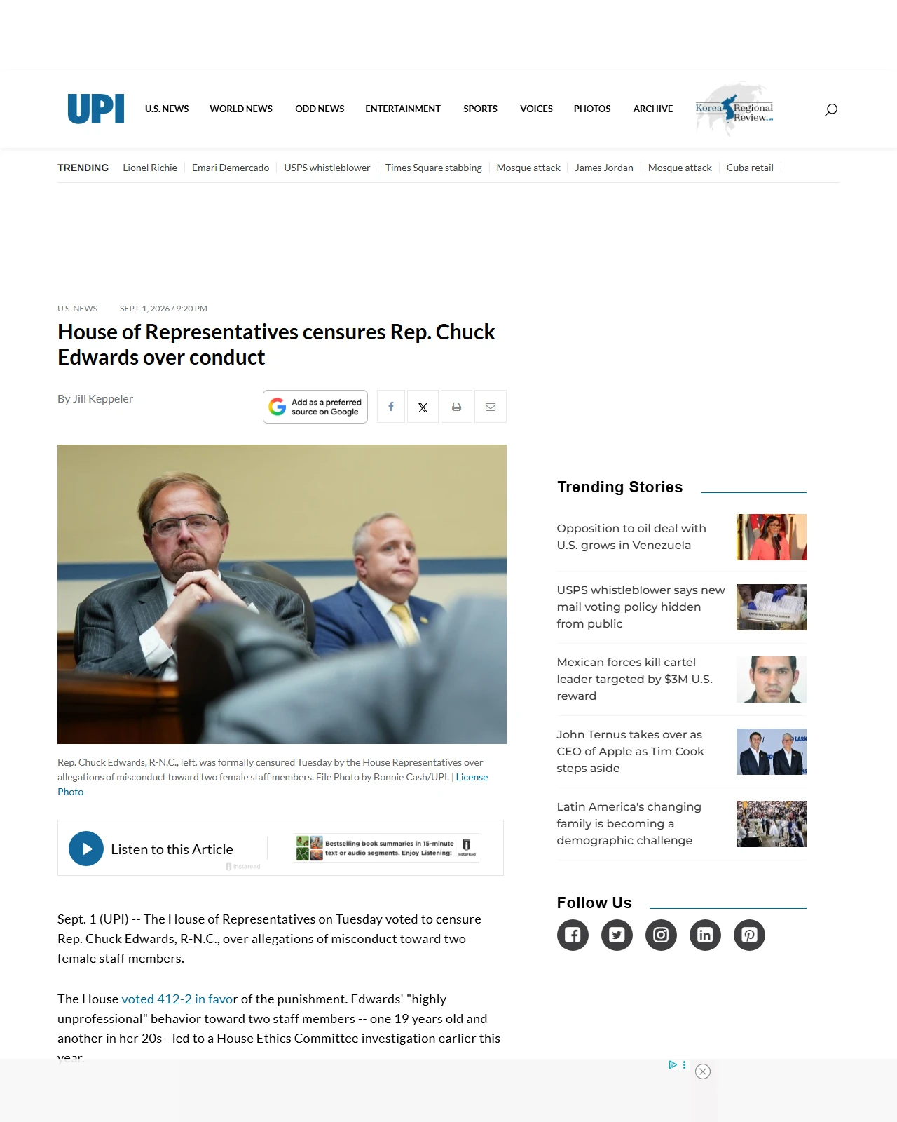 upi.com as published: House of Representatives censures Rep. Chuck Edwards over conduct