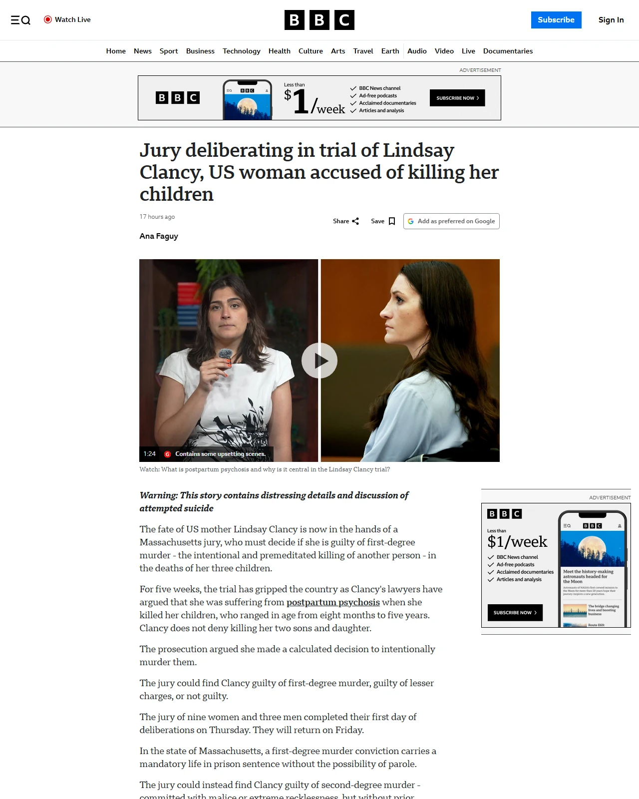 bbc.co.uk as published: Jury deliberating in trial of Lindsay Clancy, US woman accused of killing her children