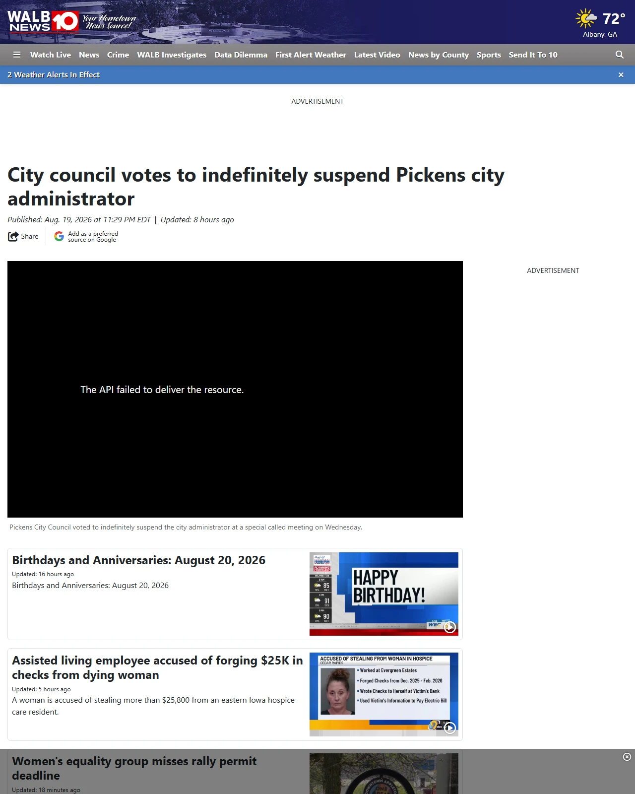 walb.com as published: City council votes to indefinitely suspend Pickens city administrator