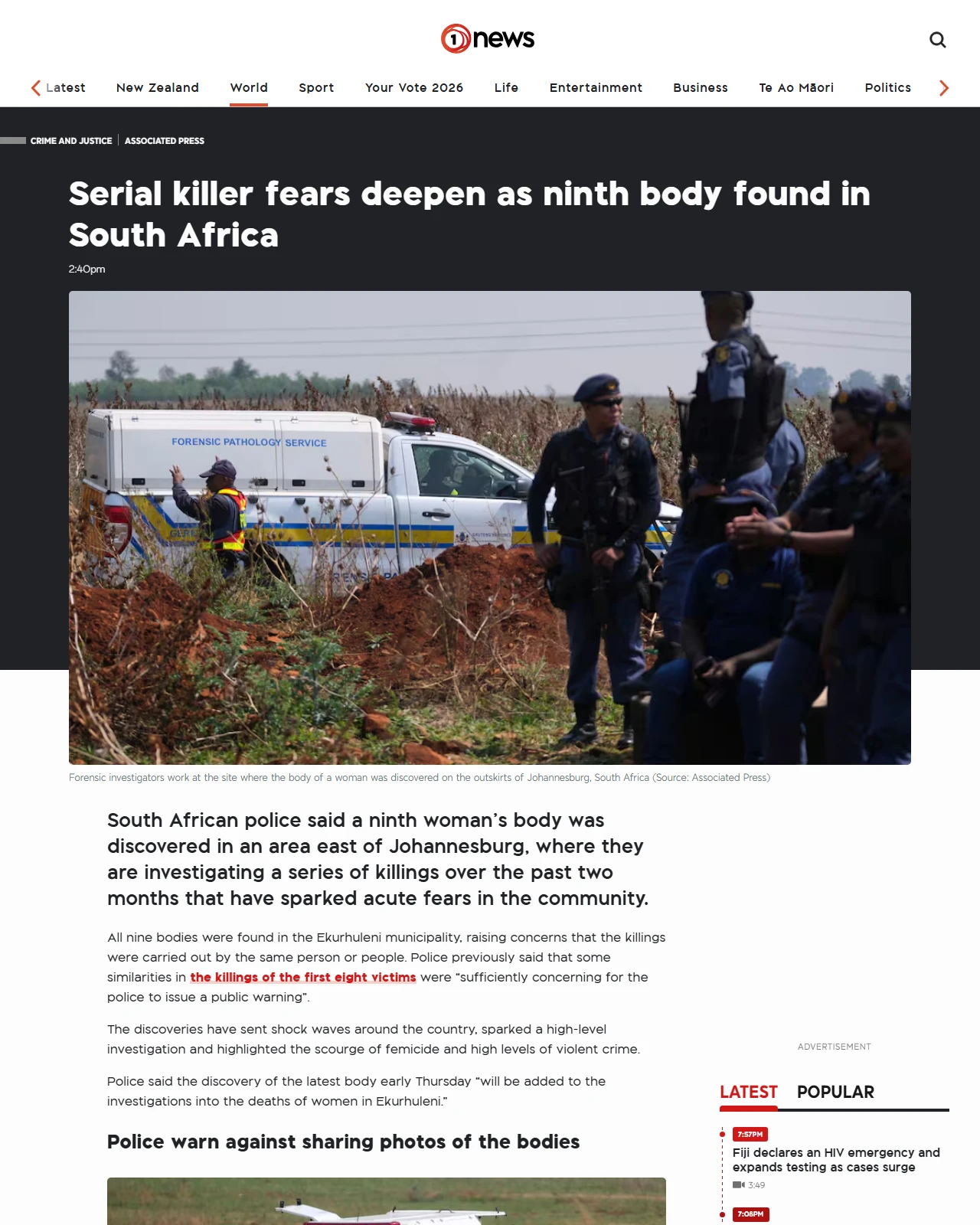 1news.co.nz as published: Serial killer fears deepen as ninth body found in South Africa