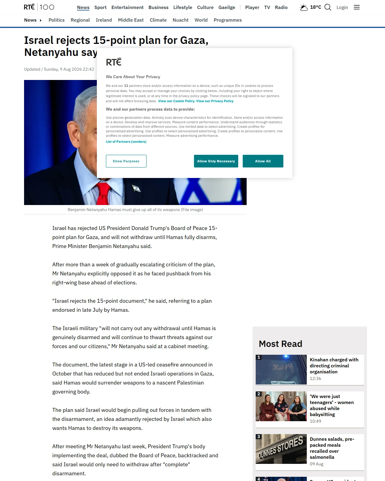 rte.ie as published: Israel rejects 15-point plan for Gaza, Netanyahu says
