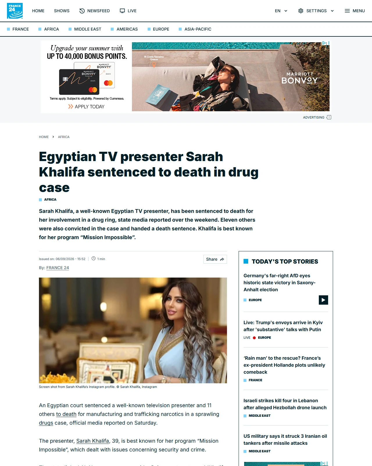 france24.com as published: Egyptian TV presenter Sarah Khalifa sentenced to death in drug case