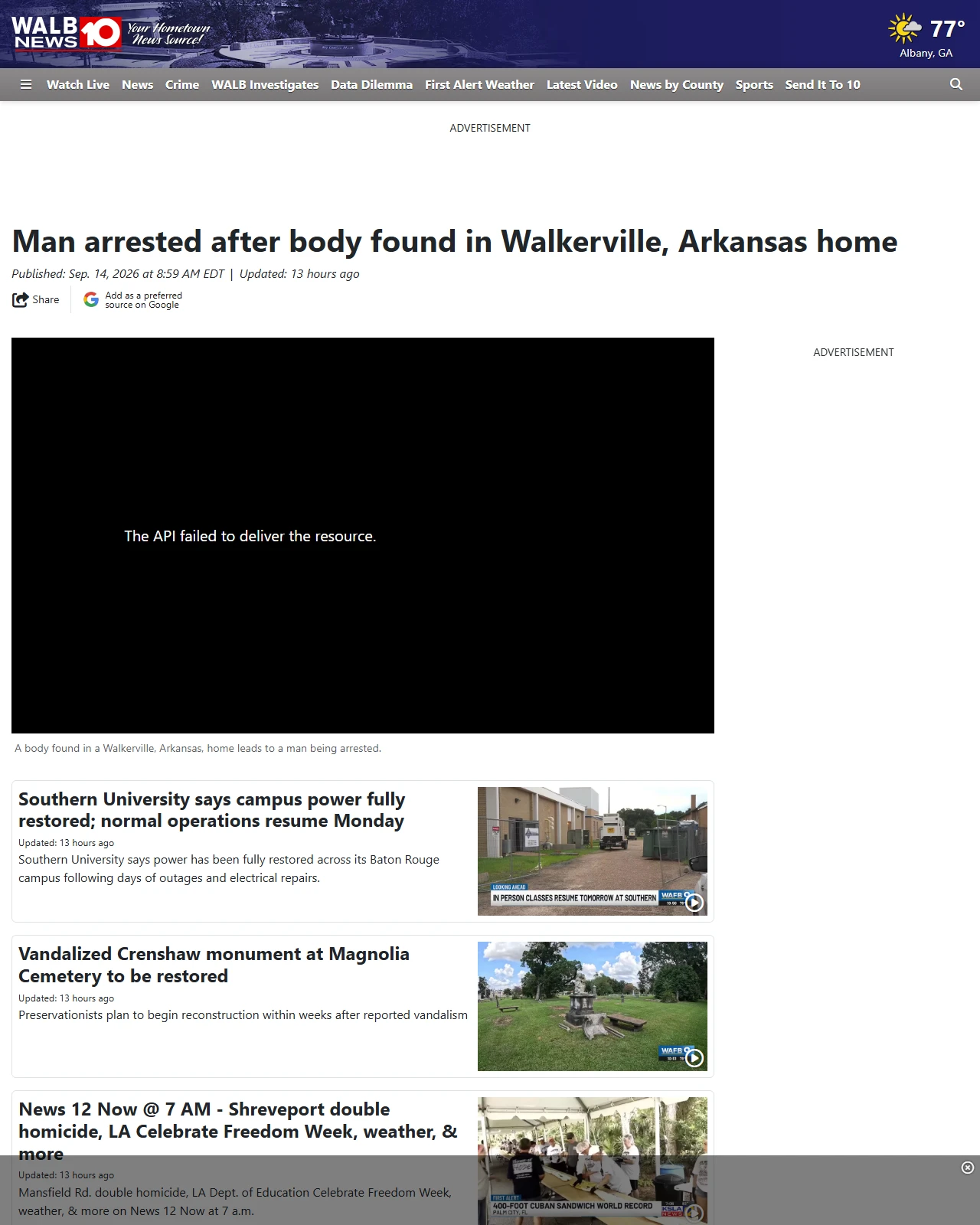 walb.com as published: Man arrested after body found in Walkerville, Arkansas home