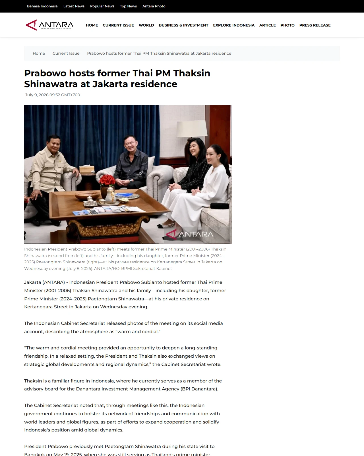 en.antaranews.com as published: Prabowo hosts former Thai PM Thaksin Shinawatra at Jakarta residence