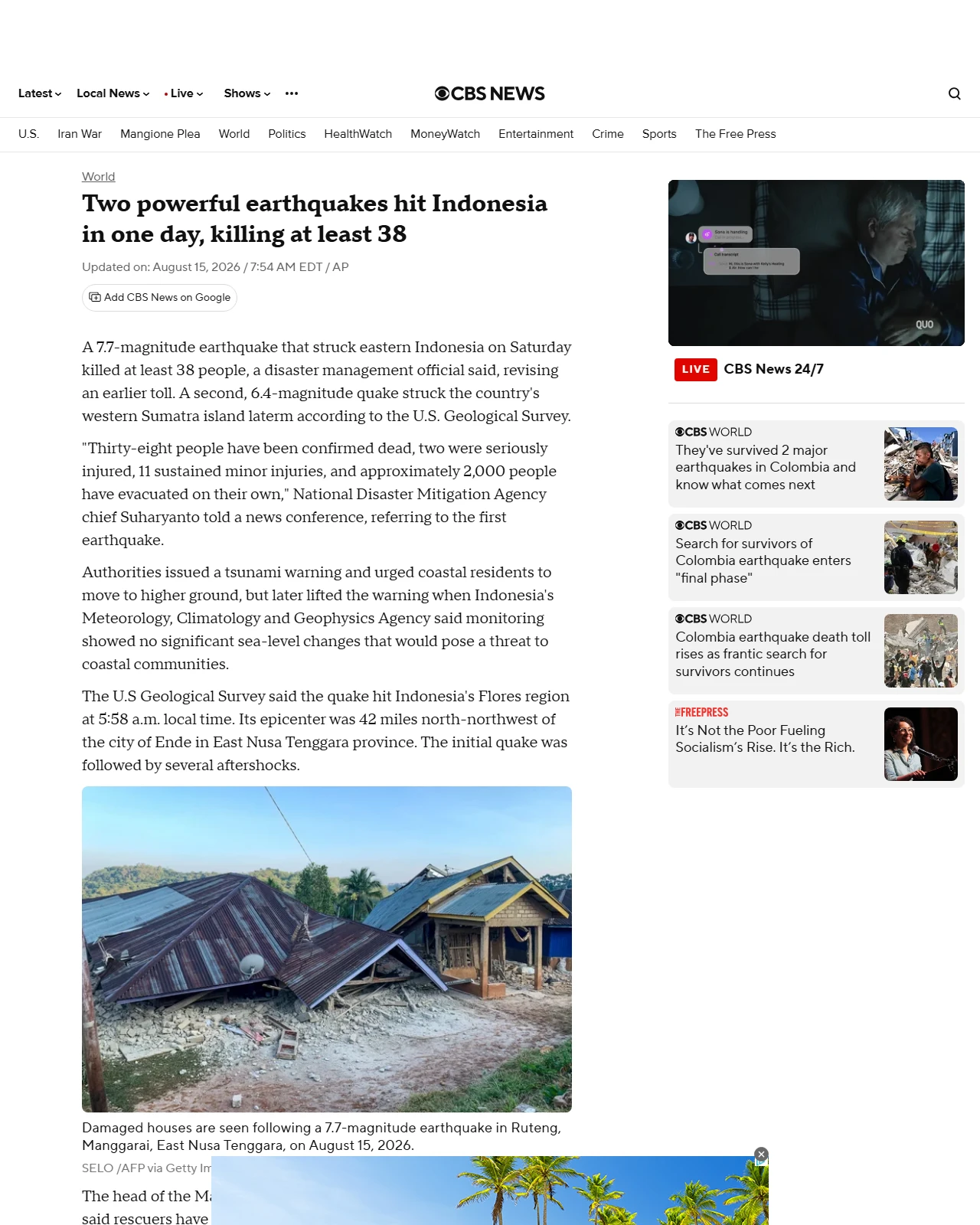 cbsnews.com as published: Two powerful earthquakes hit Indonesia on same day, at least 38 dead