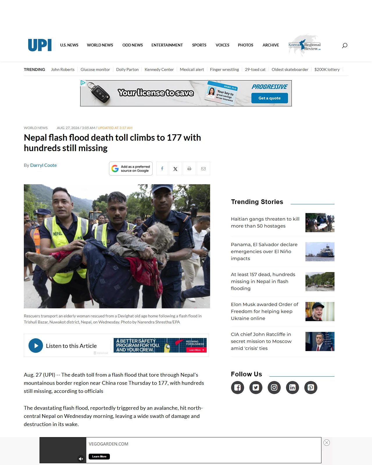 upi.com as published: Nepal flash flood death toll climbs to 165 with hundreds still missing