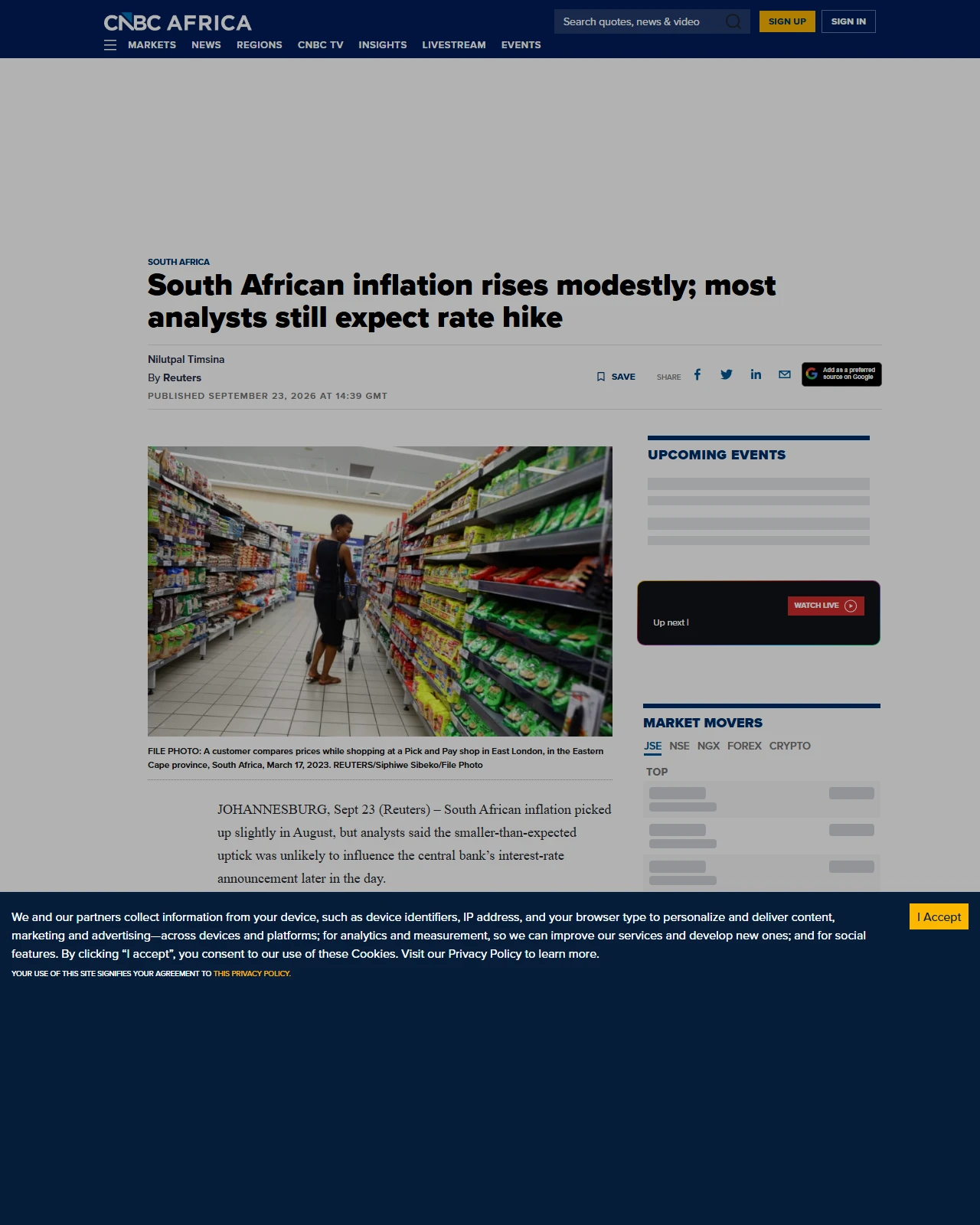 cnbcafrica.com as published: South Africa consumer inflation edges up to 4.4% y/y in August