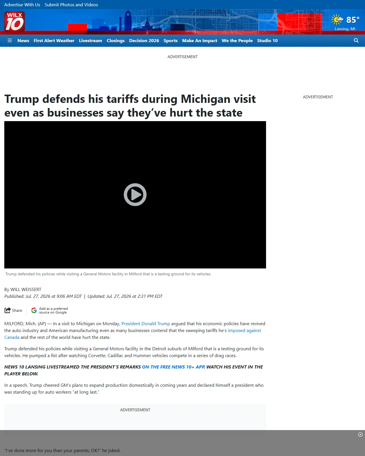 wilx.com as published: Trump is set to defend his economic policies in Michigan, where new Canadian tariffs may sting