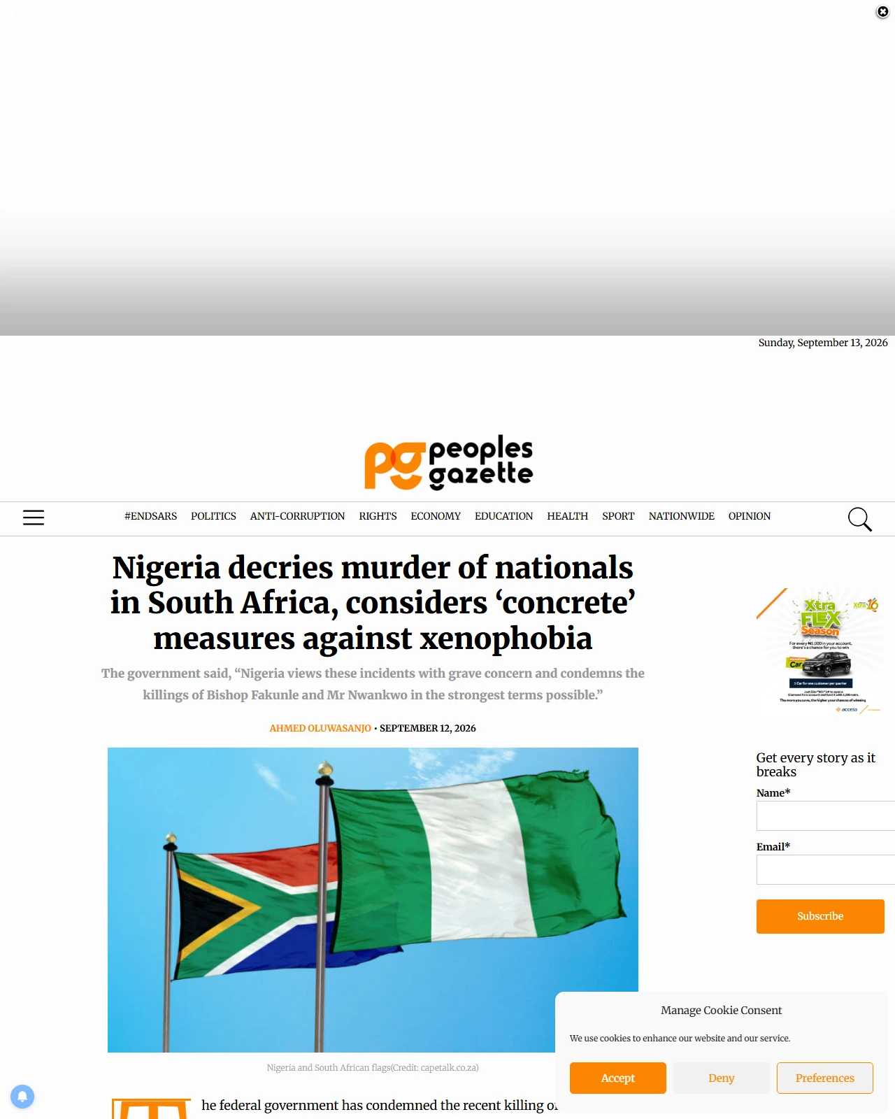 gazettengr.com as published: Nigeria decries murder of nationals in South Africa, considers 'concrete' measures against xenophobia