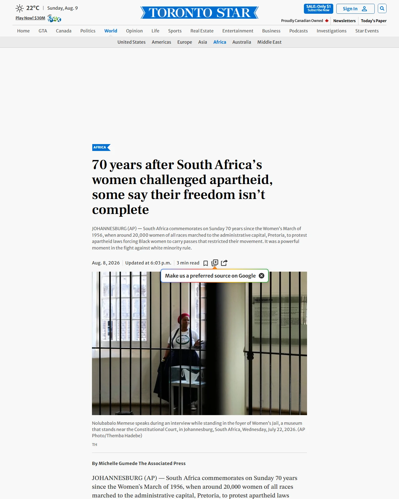 thestar.com as published: 70 years after South Africa’s women challenged apartheid, some say their freedom isn't complete