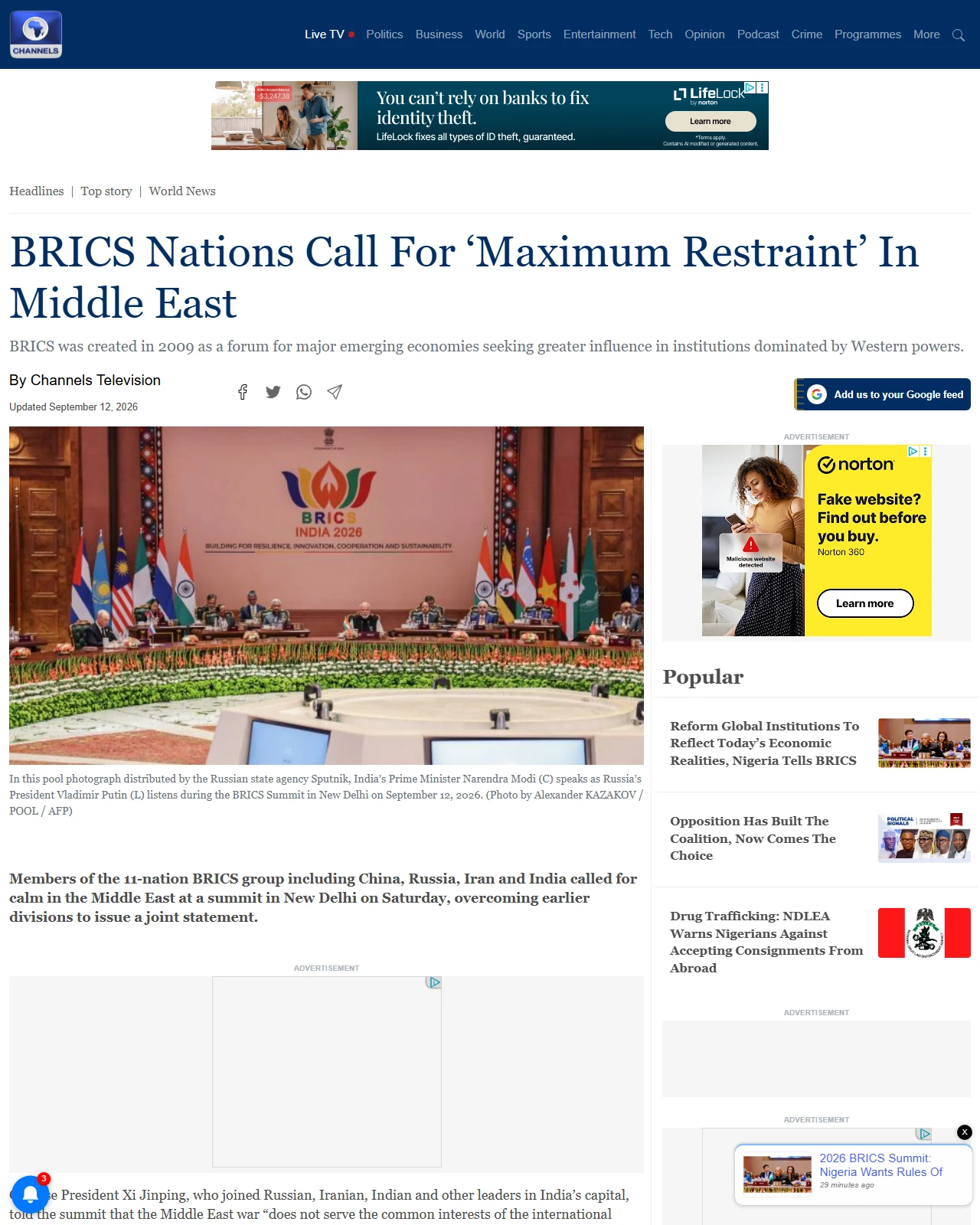 channelstv.com as published: BRICS Nations Call For ‘Maximum Restraint’ In Middle East