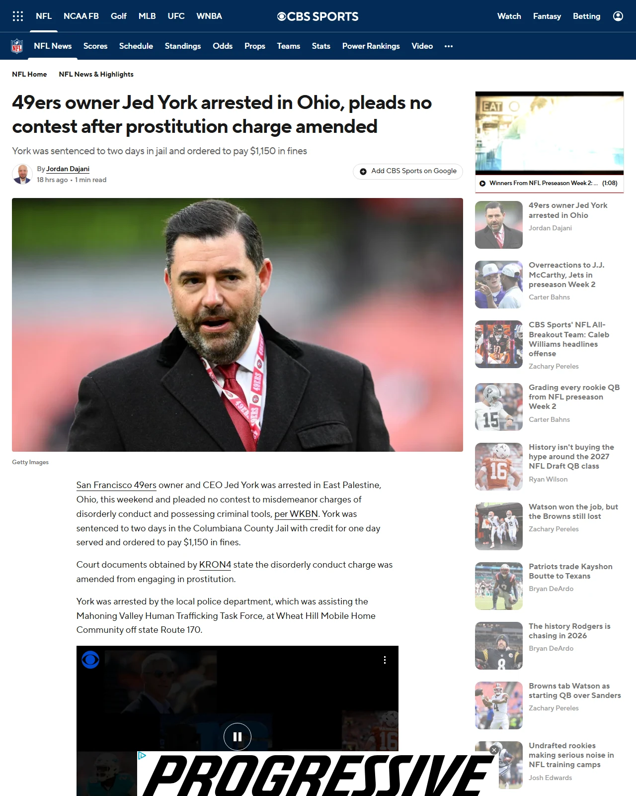 cbssports.com as published: 49ers owner Jed York arrested in Ohio, pleads no contest after prostitution charge amended