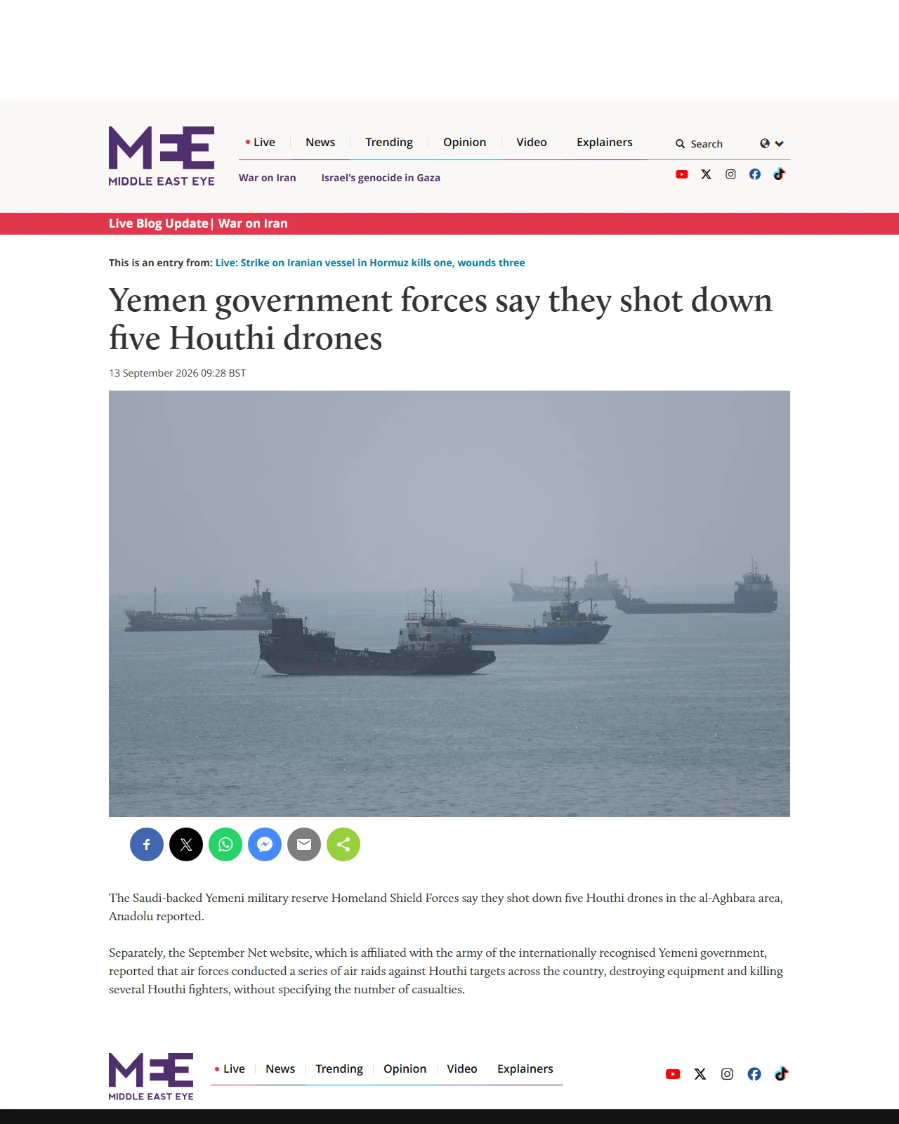 middleeasteye.net as published: Yemen government forces say they shot down five Houthi drones