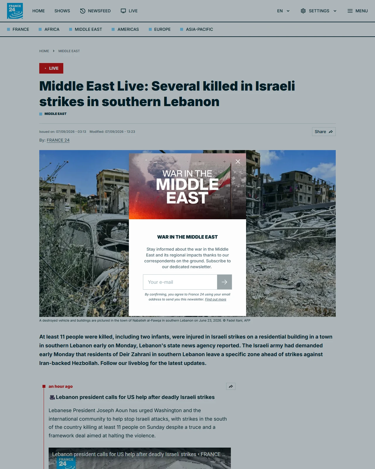 s.france24.com as published: Middle East Live: Several killed in Israeli strikes in southern Lebanon