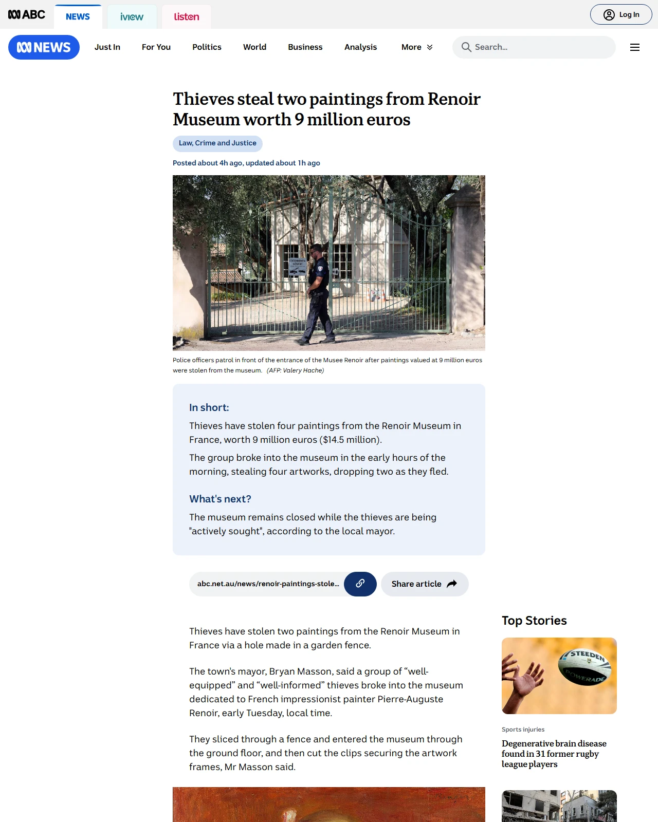 abc.net.au as published: Thieves steal two paintings from Renoir Museum worth 9 million euros
