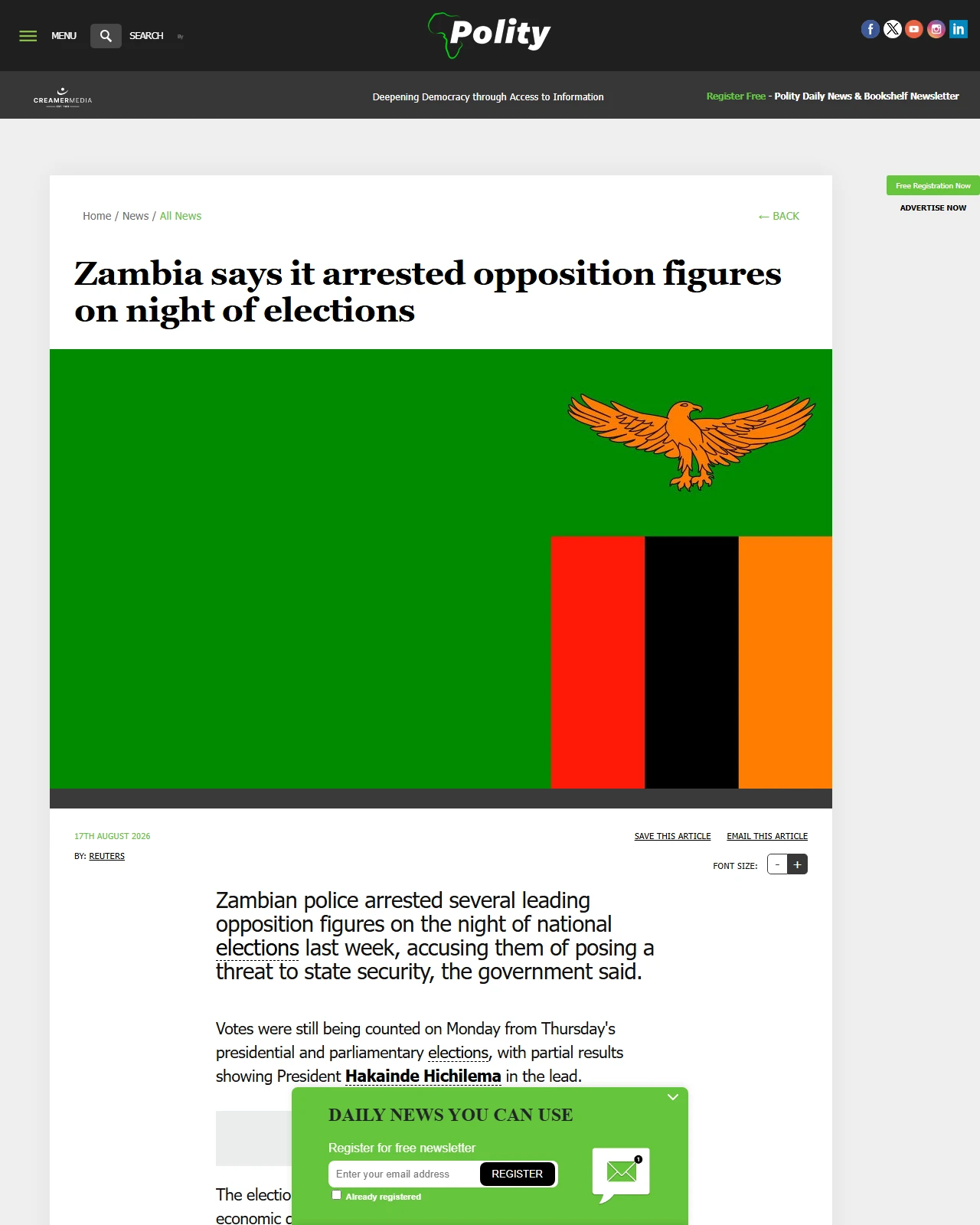 polity.org.za as published: Zambia says it arrested opposition figures on night of elections