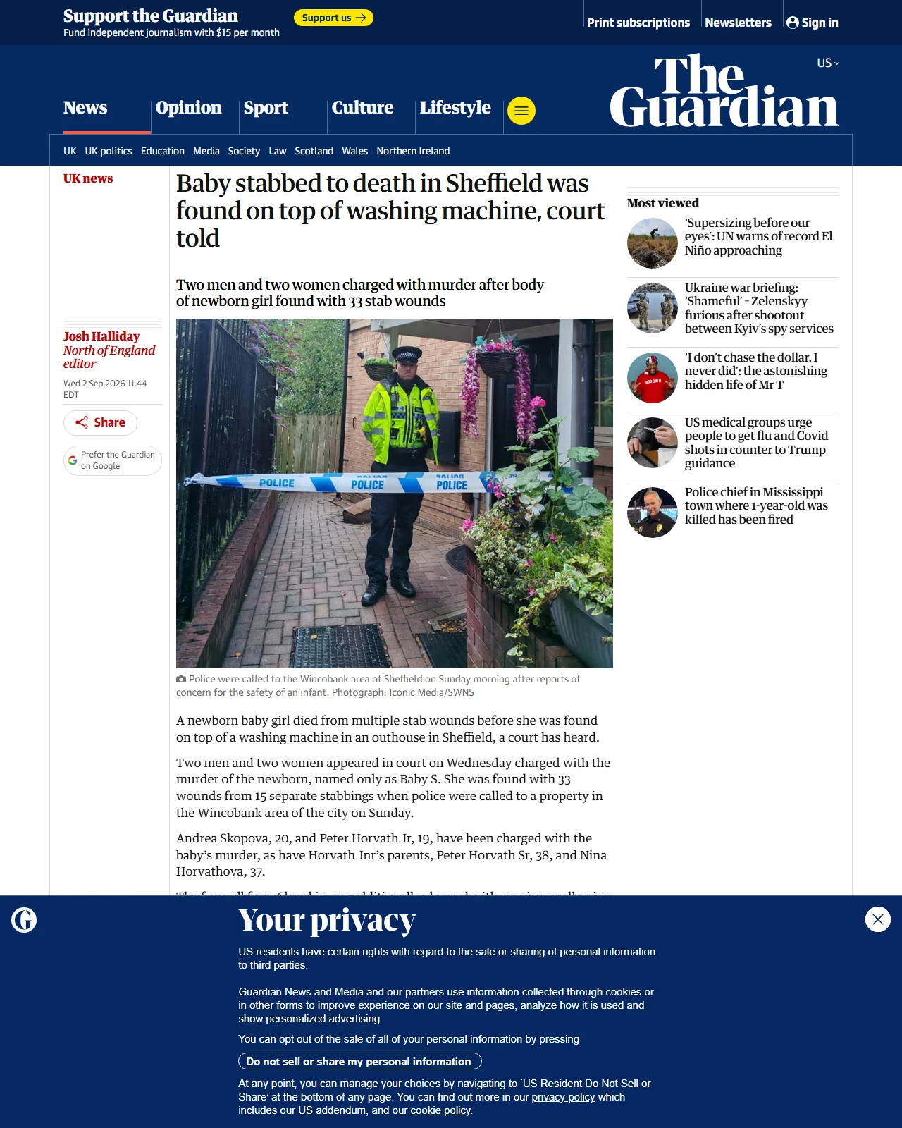 theguardian.com as published: Baby stabbed to death in Sheffield was found on top of washing machine, court told