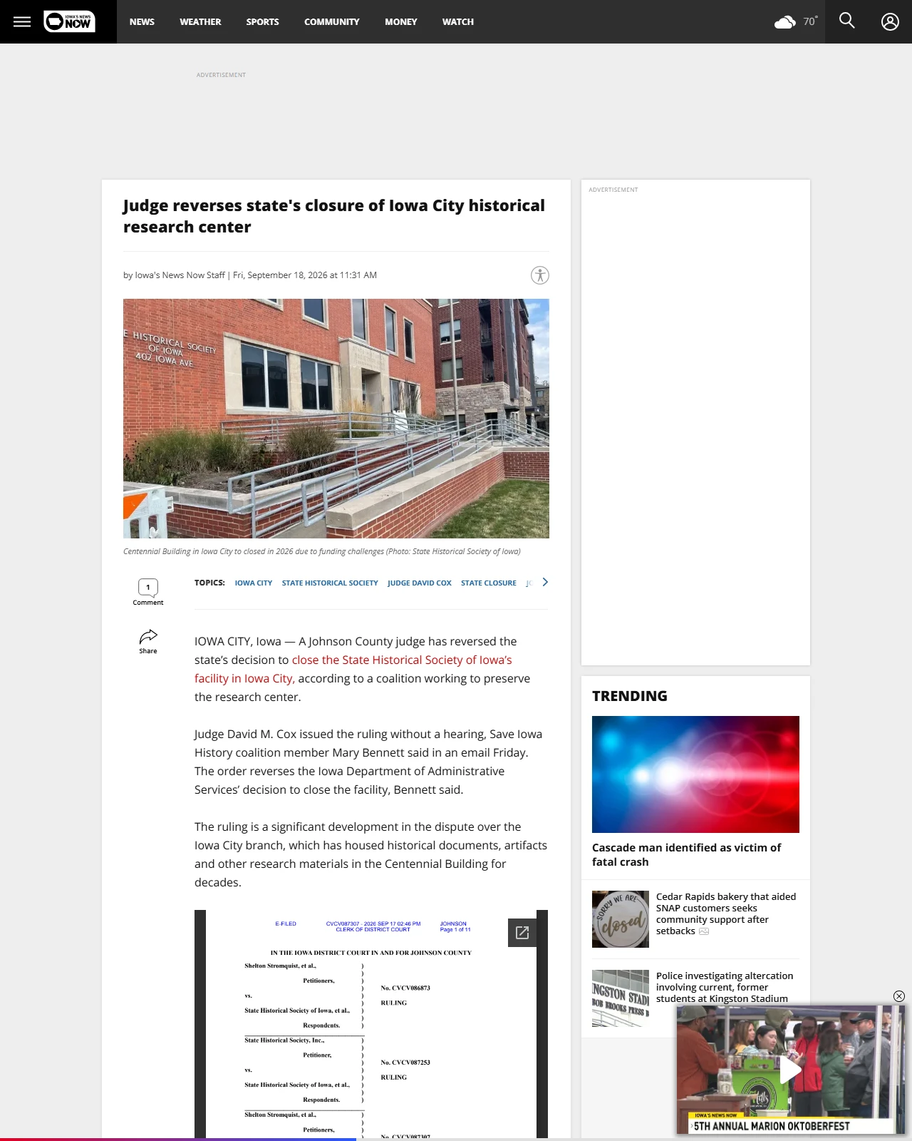 cbs2iowa.com as published: Judge reverses state's closure of Iowa City historical research center