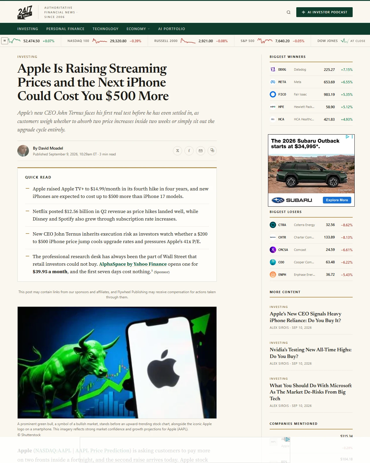 247wallst.com as published: Apple Is Raising Streaming Prices and the Next iPhone Could Cost You $500 More